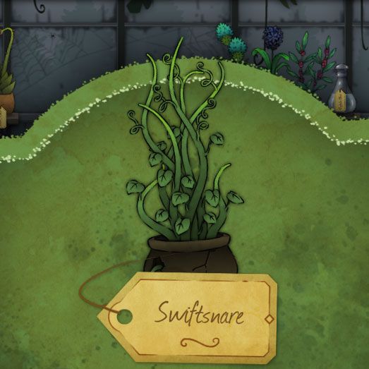 A wild, twirly vine with small, heart-shaped leaves growing on it called Swiftsnare in Strange Horticulture.