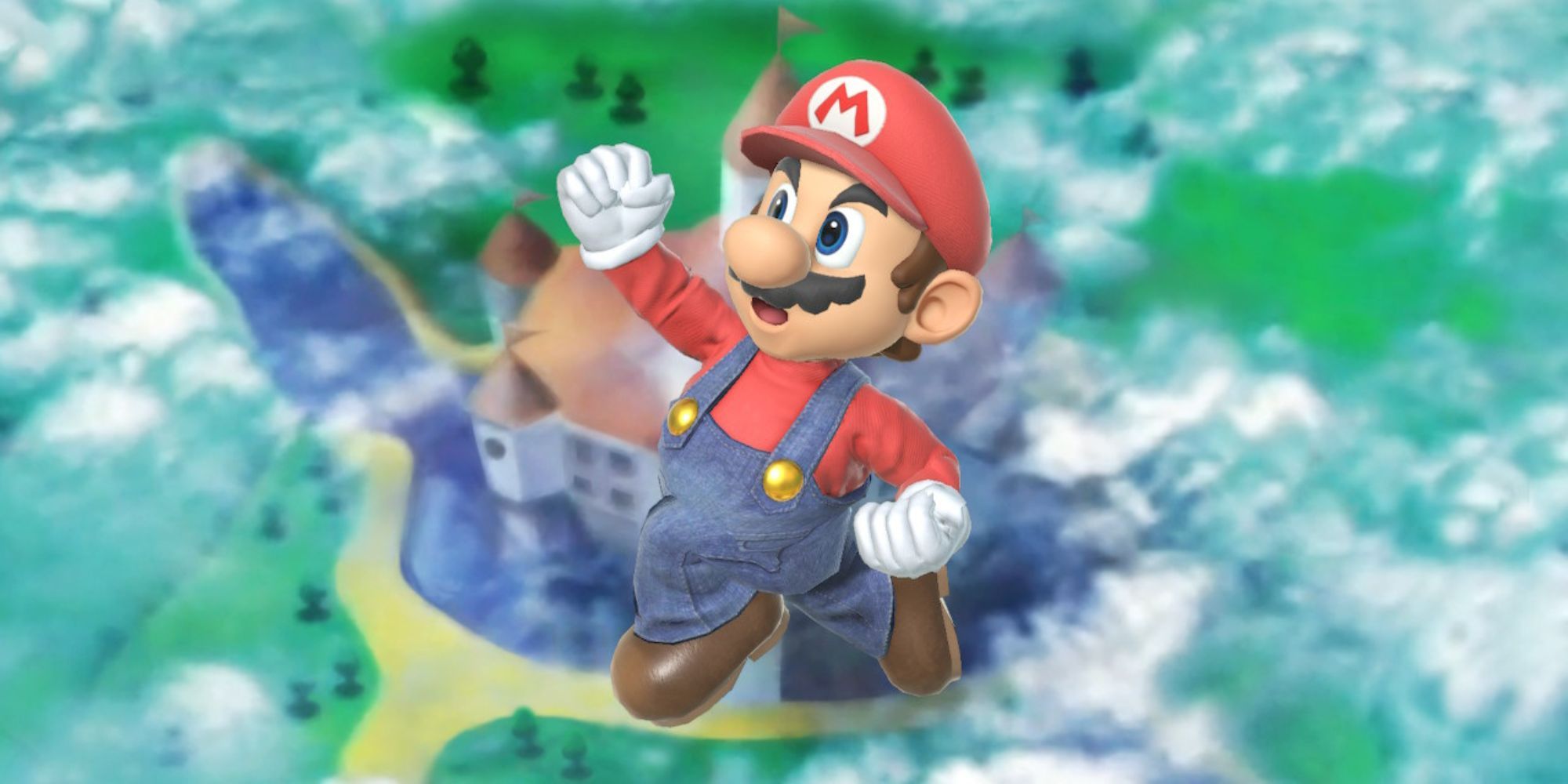 Mario jumps through the air above Peach's Castle