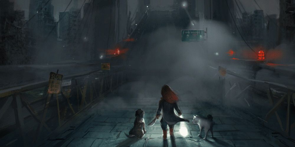 Art of a lone figure wearing a blue jacket and holding a knife while standing on a desolate city bridge, surrounded by two dogs.
