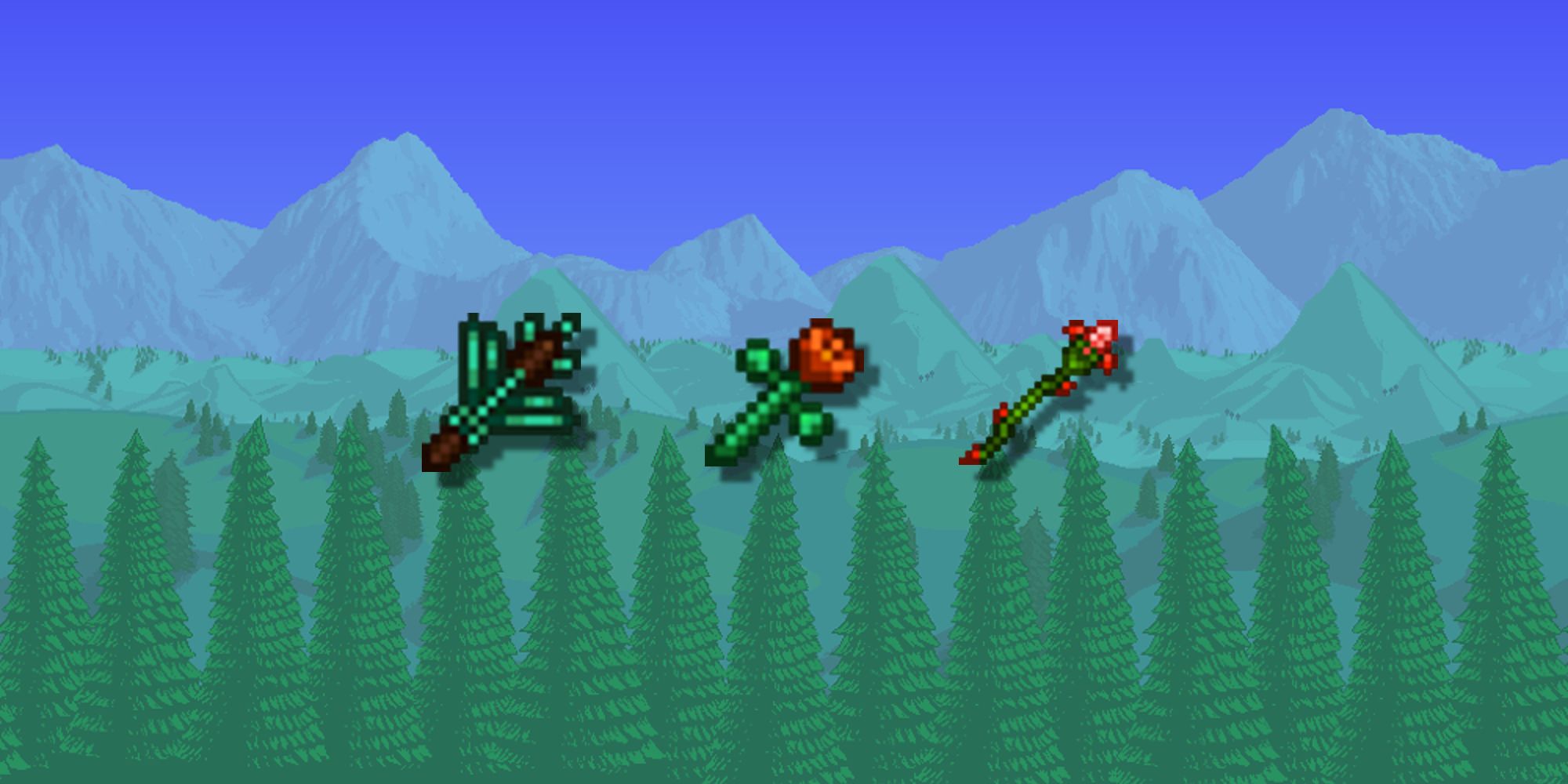 terraria nature mage weapons (razorpine, flower of fire, nettleburst)