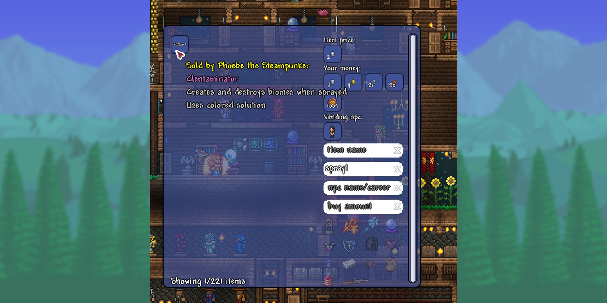terraria the shop market mod example screen with the clentaminator selected