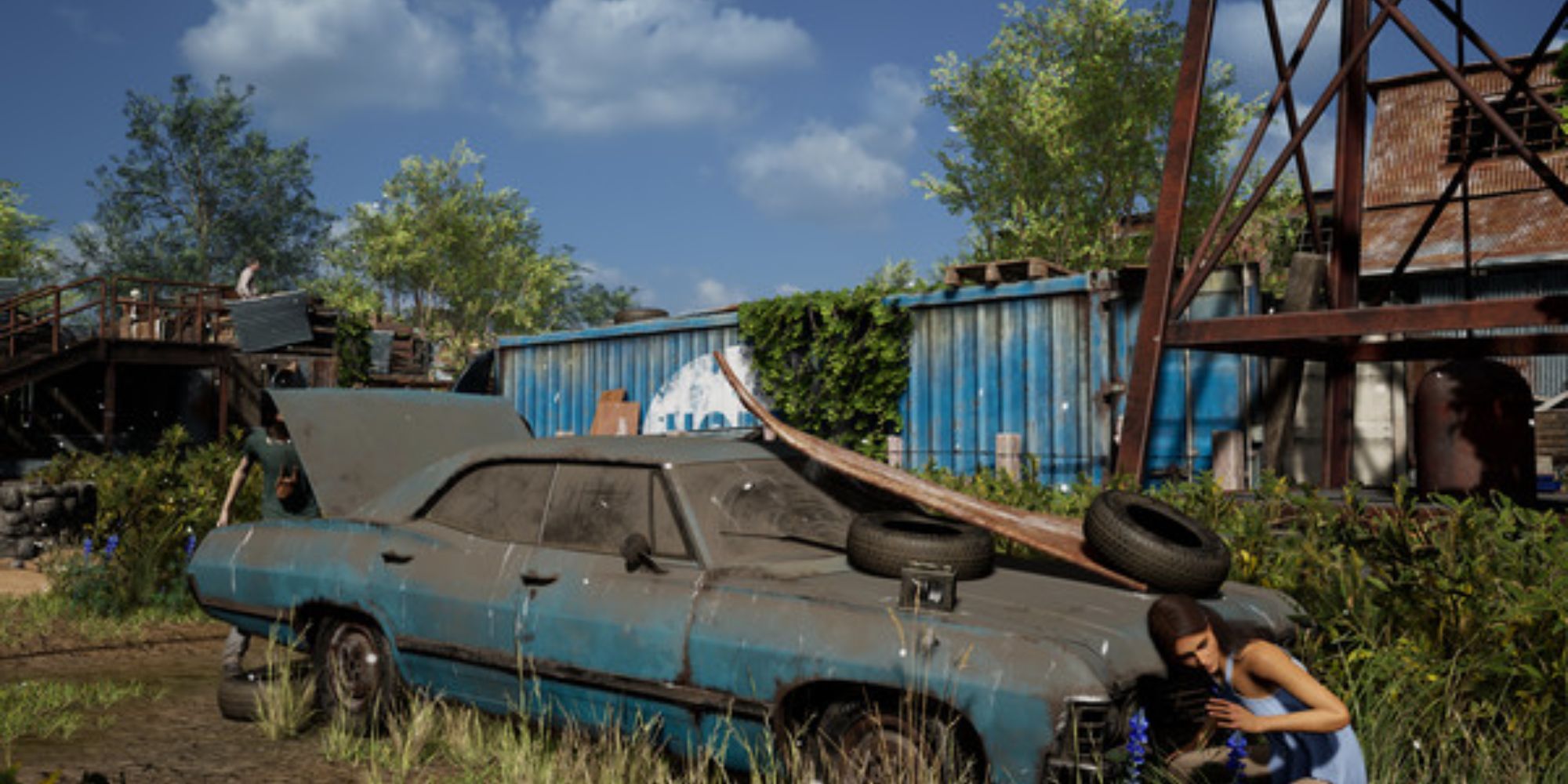 texas chainsaw ana hiding behind rusted car