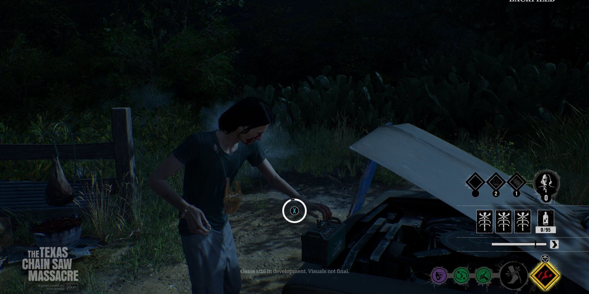 texas chainsaw massacre hitchhiker setting trap on generator at night