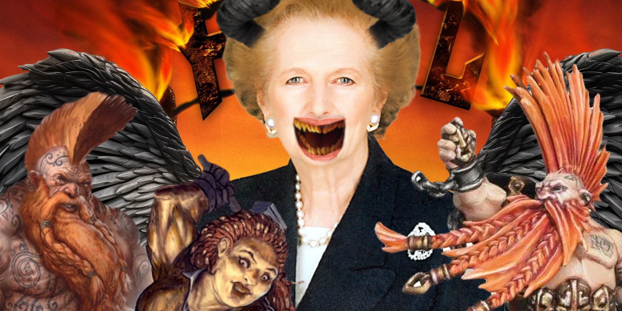 Thatcher chilling in hell with some dwarves