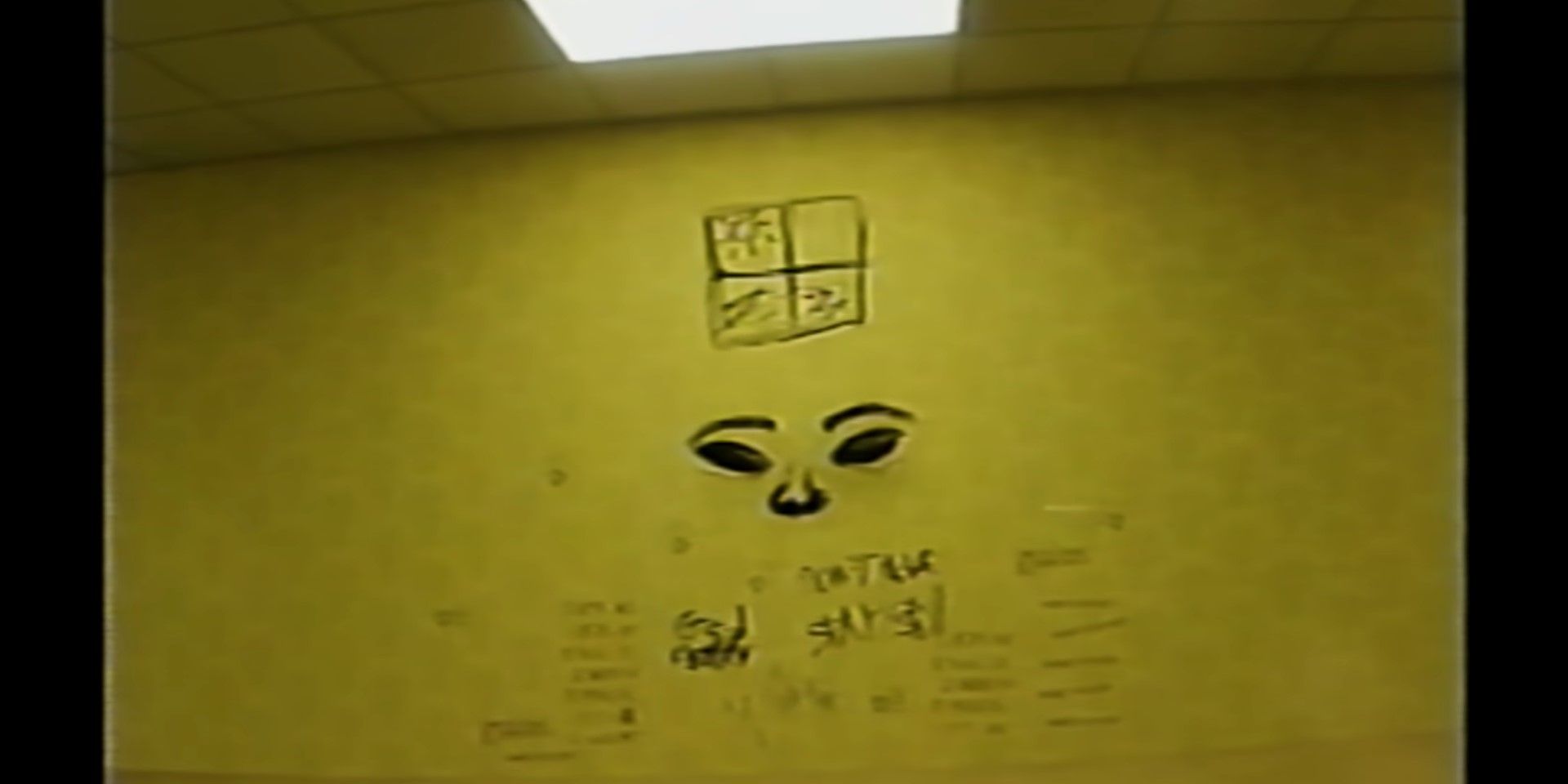 Yellow wall with a face and writing on it from Kane Pixels' The Backrooms series