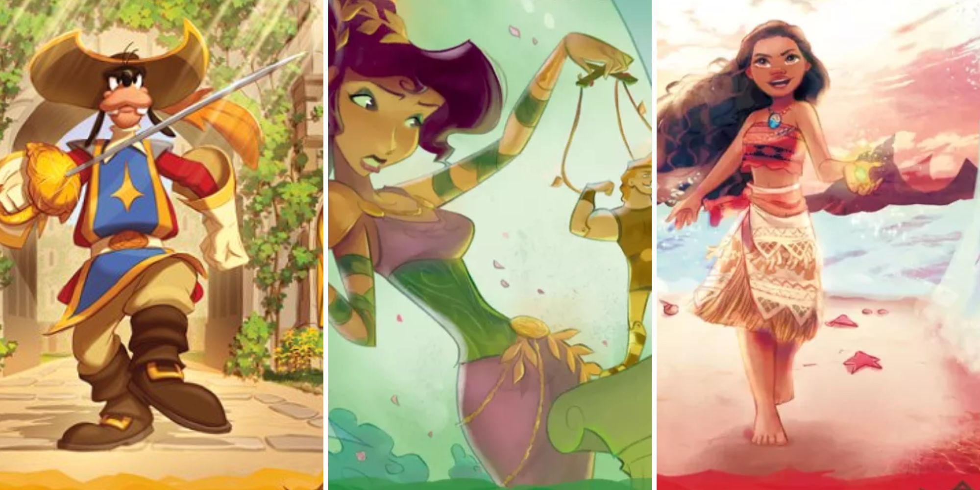 A collection of Goofy as a Musketeer, Megara pulling the strings of Hercules, and Moana walking through the ocean from Disney's Lorcana
