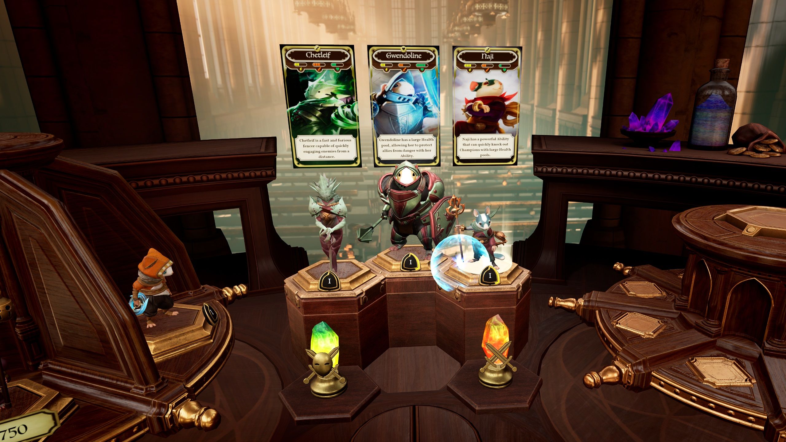 The Glassbreakers Lobby showing the differenc champrions on the pedastals.