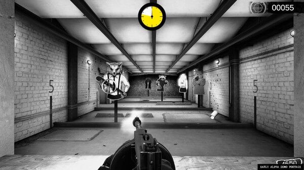 The player using the shooting range in Chicken Police Into the Hive.