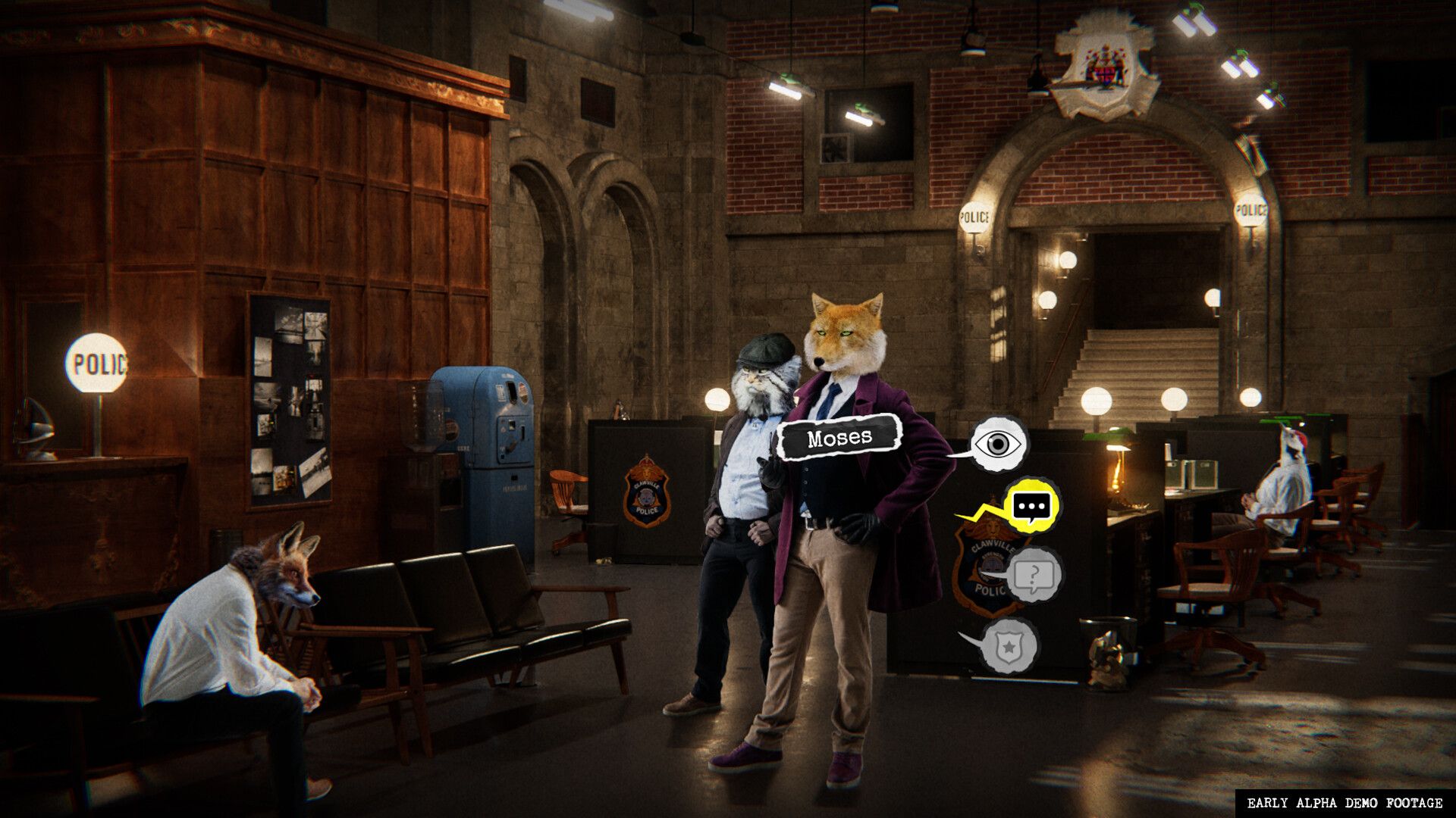 The police station with Moses and his partner standing in the center of the screen in Chicken Police Into the Hive.