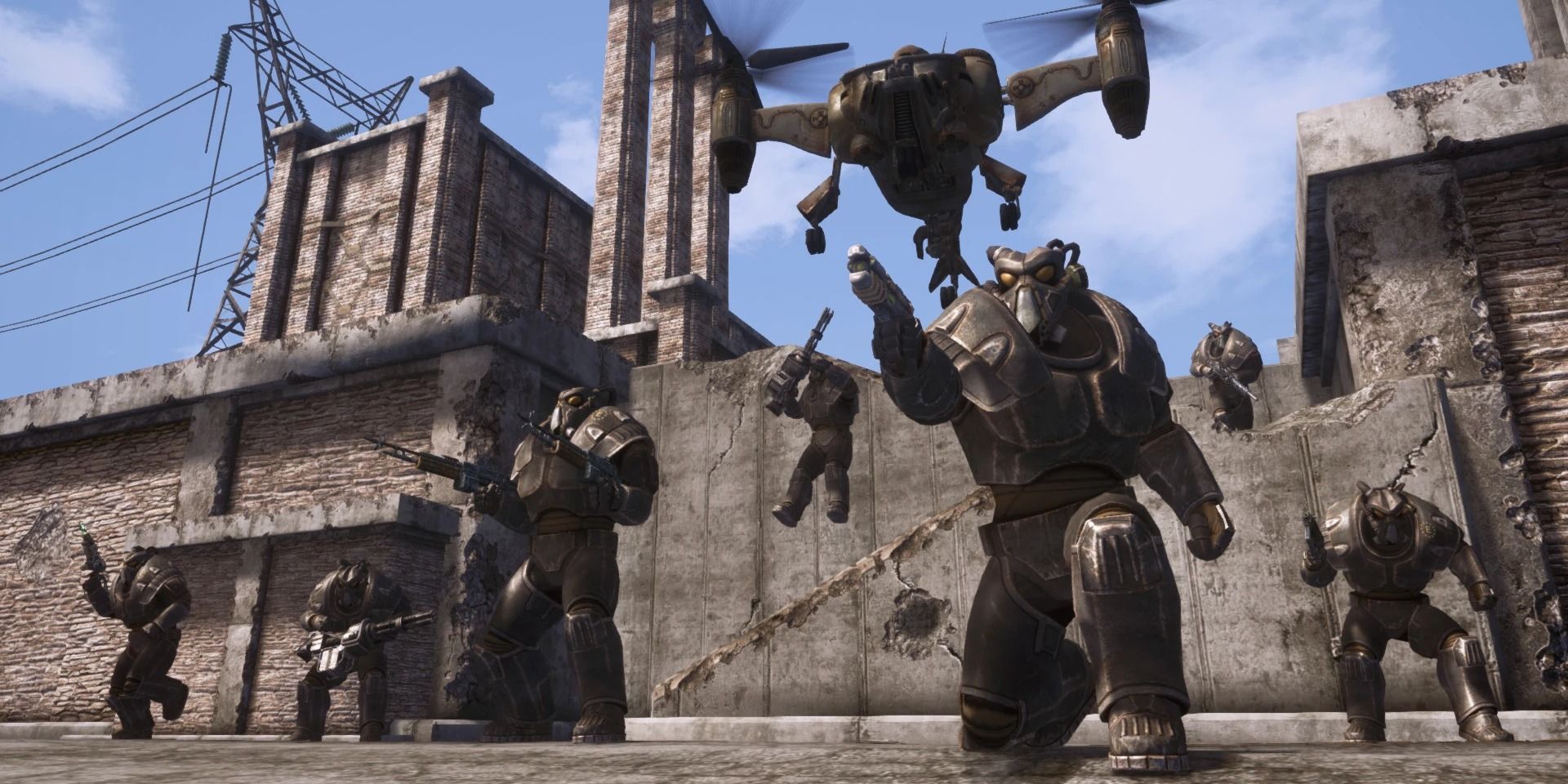 Titans Of The New West 2.0 Mod With a Group Of Enclave Soldiers and A Vertibird entering Battle