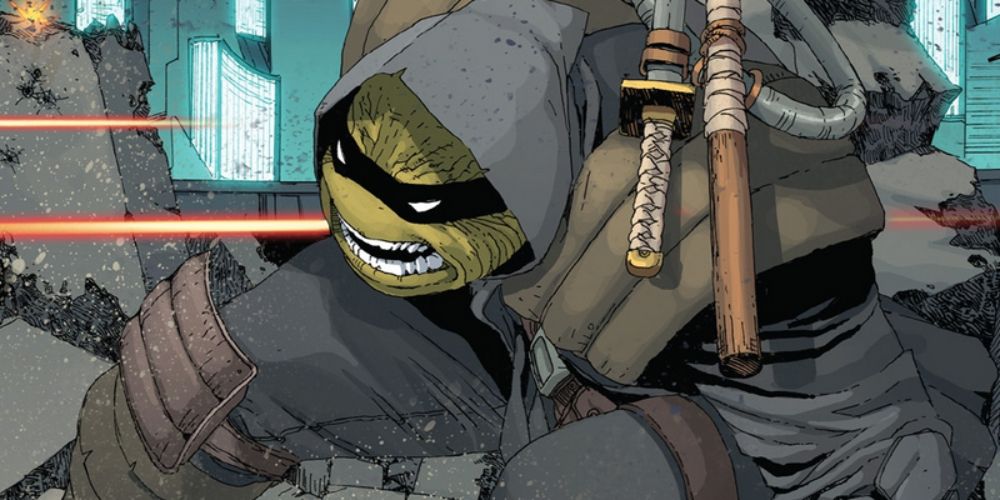 A close-up of Michelangelo in battle in Teenage Mutant Ninja Turtles: The Last Ronin