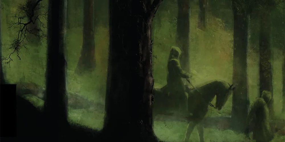 Art from a Trophy:Dark supplement featuring a lone, hooded figure riding on a horse through a forest.