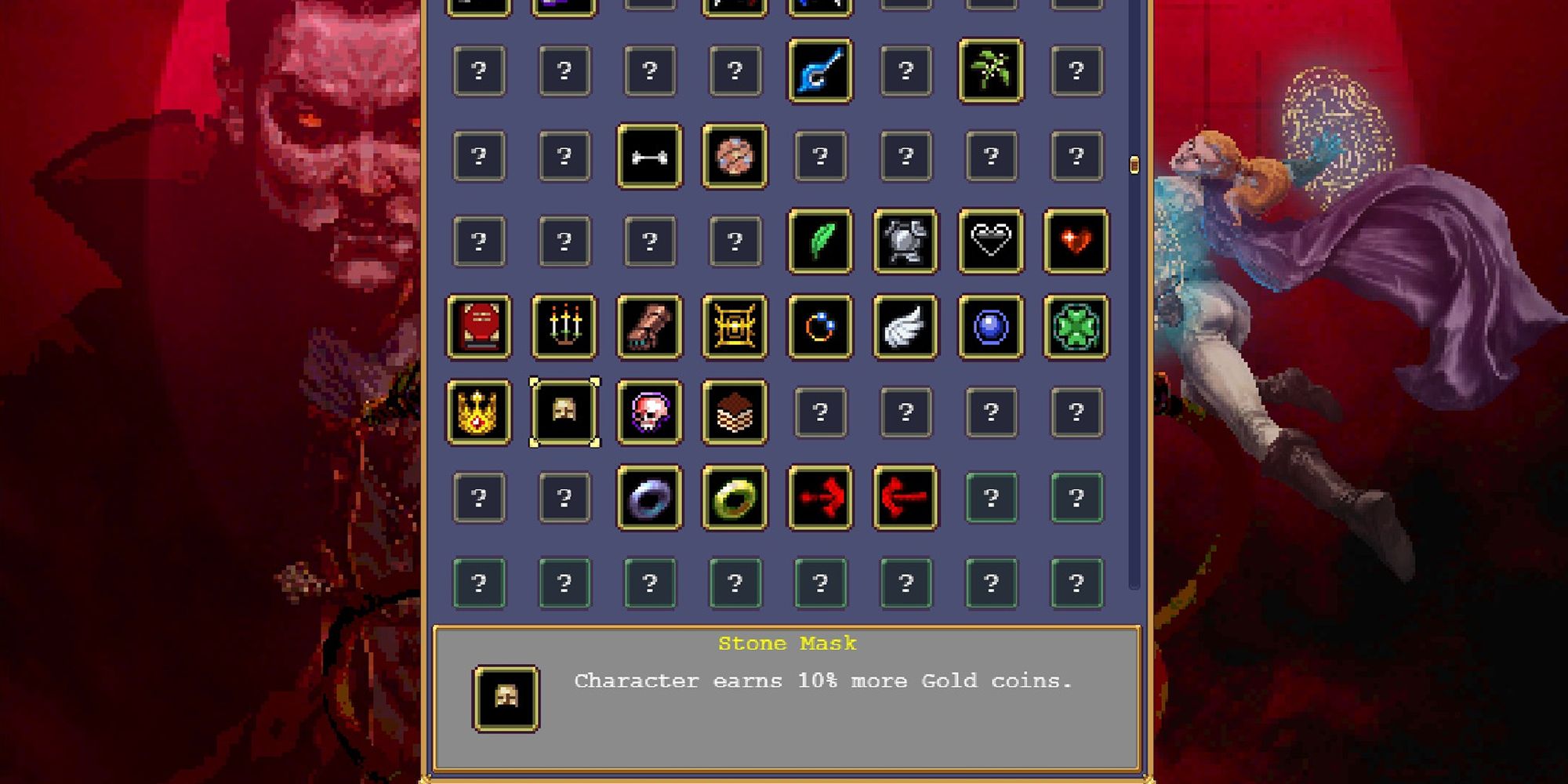 Vampire Survivors Collection Screen With Stone Mask