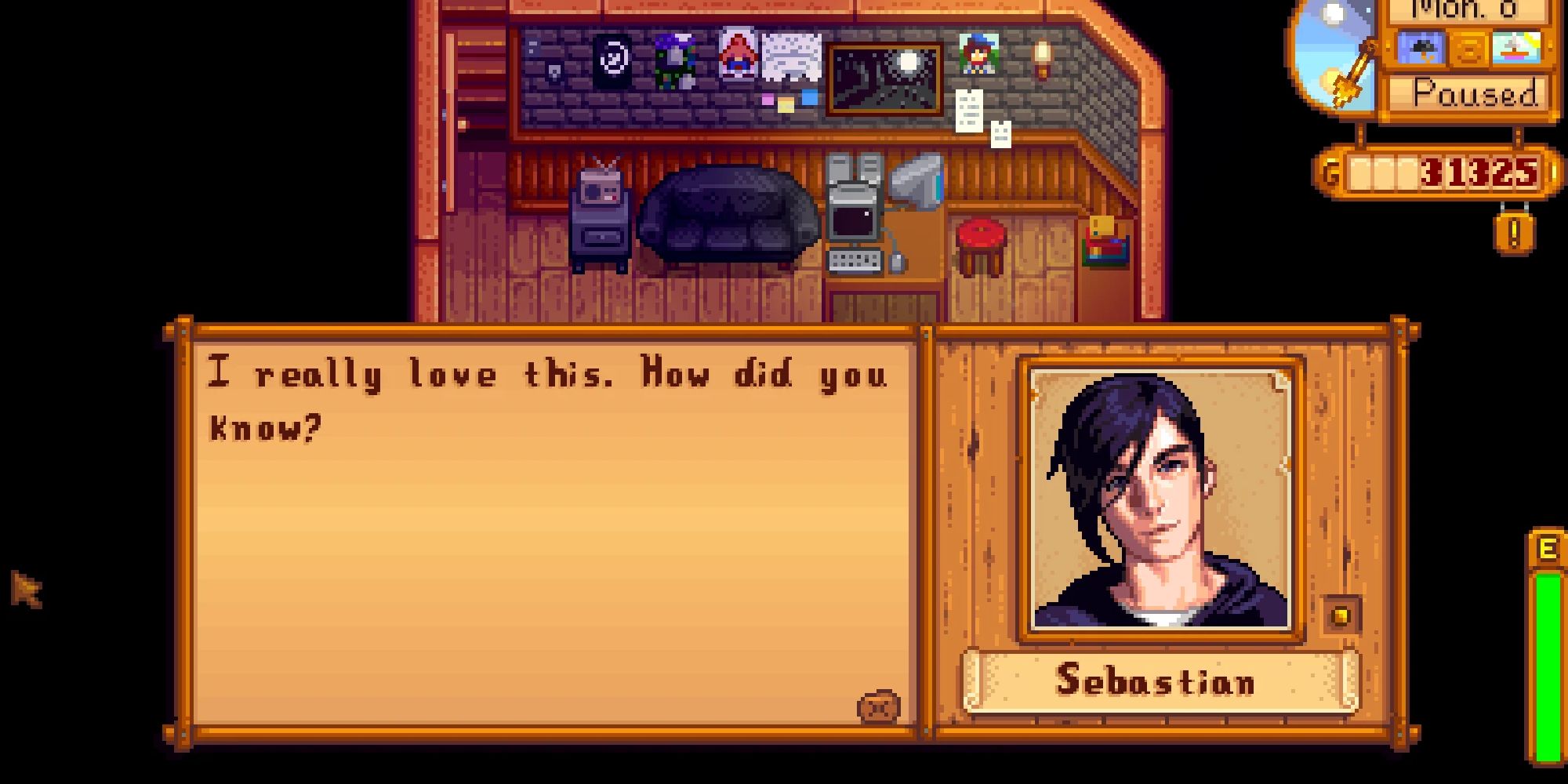Vlad's Revamped Portraits stardew valley showing sebastian talking to player in his room