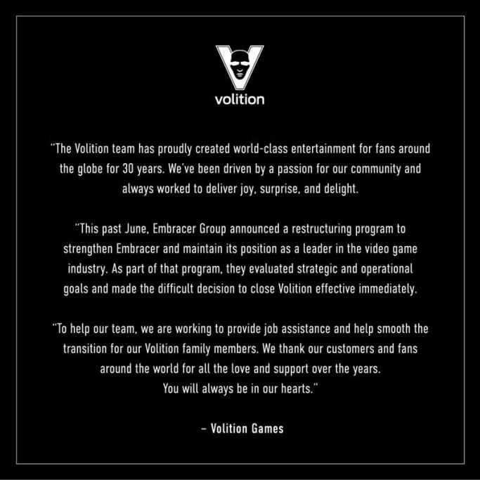 Volition Games shutdown statement.