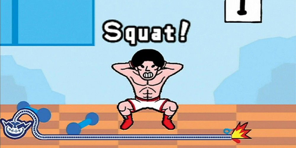 A mini-game of a man squatting from WarioWare: Smooth Moves