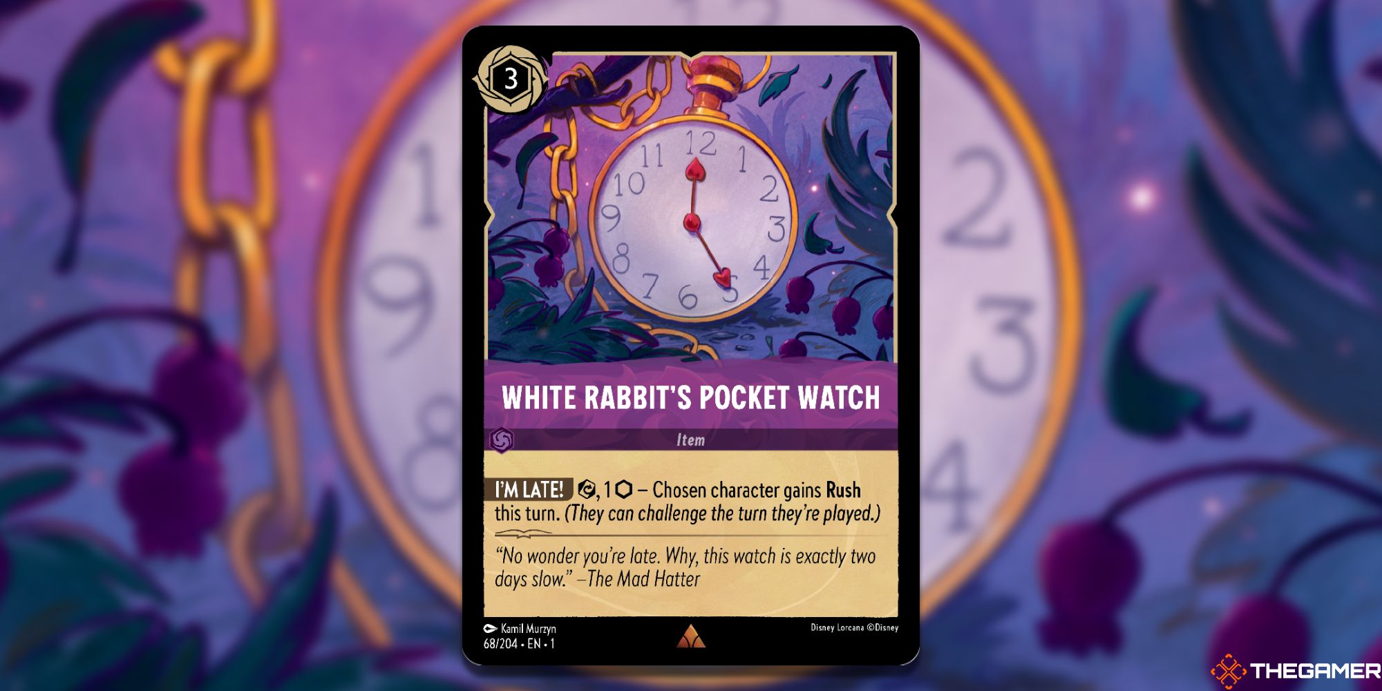  Image of the white rabbit's pocket watch card in Lorcana, with art by Kamil Murzyn