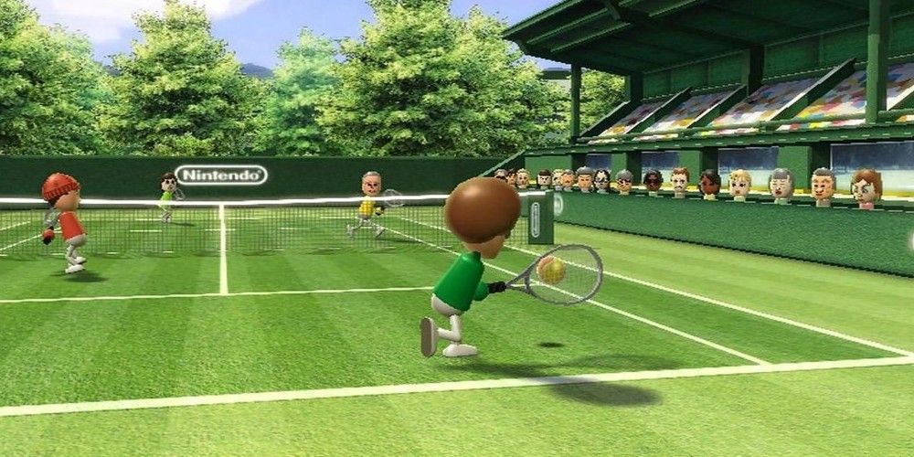 Mii character hitting the ball during a game of Wii tennis
