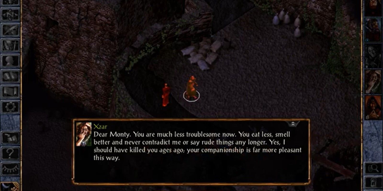 Xzar talking to a deceased Montaron in Baldur's Gate 1