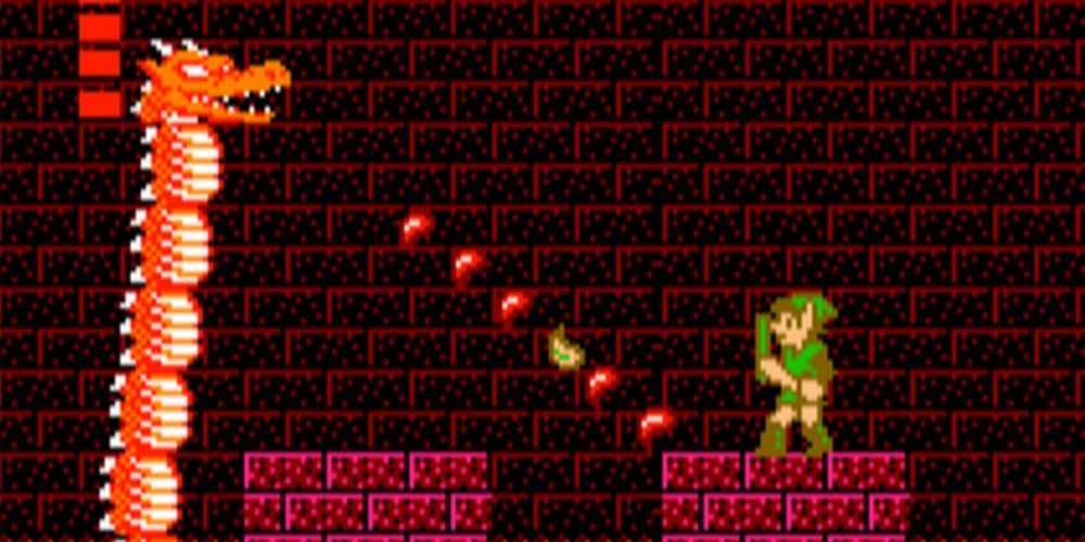 Zelda 2 Link battling a fire breathing dragon