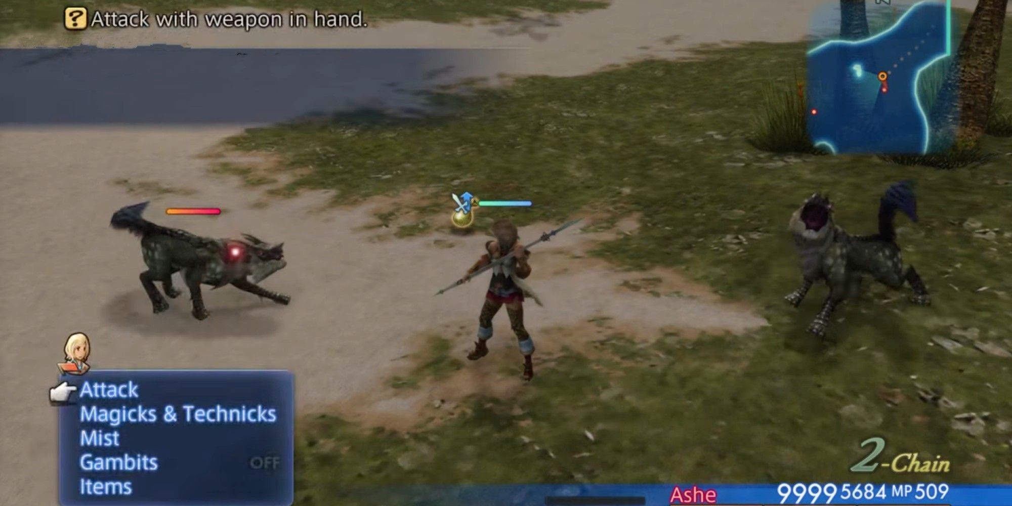 Ashe uses the spear to attack a few wolves