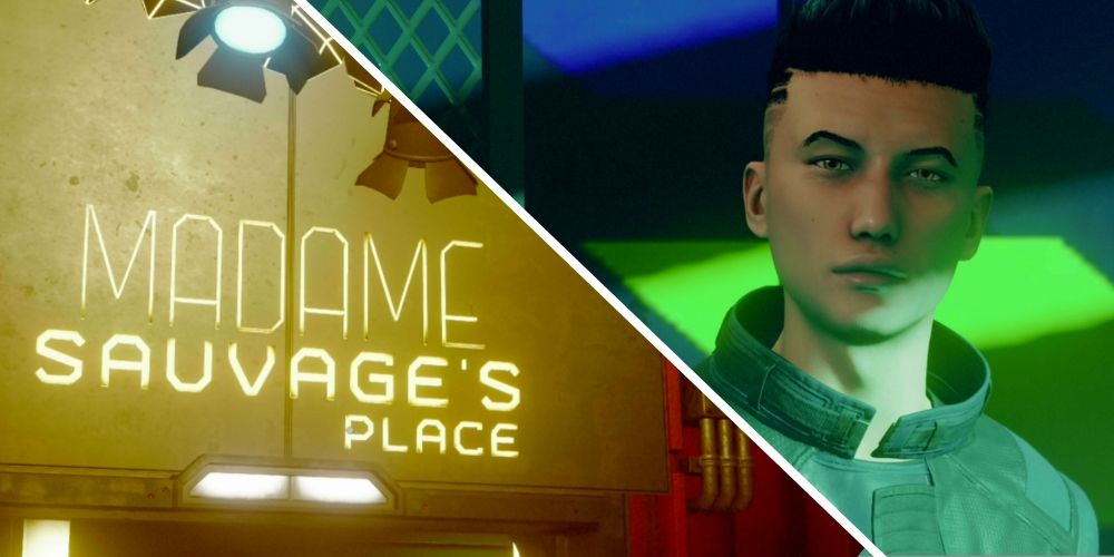 Starfield screenshots of the sign for Madame Sauvage's and of Nyx