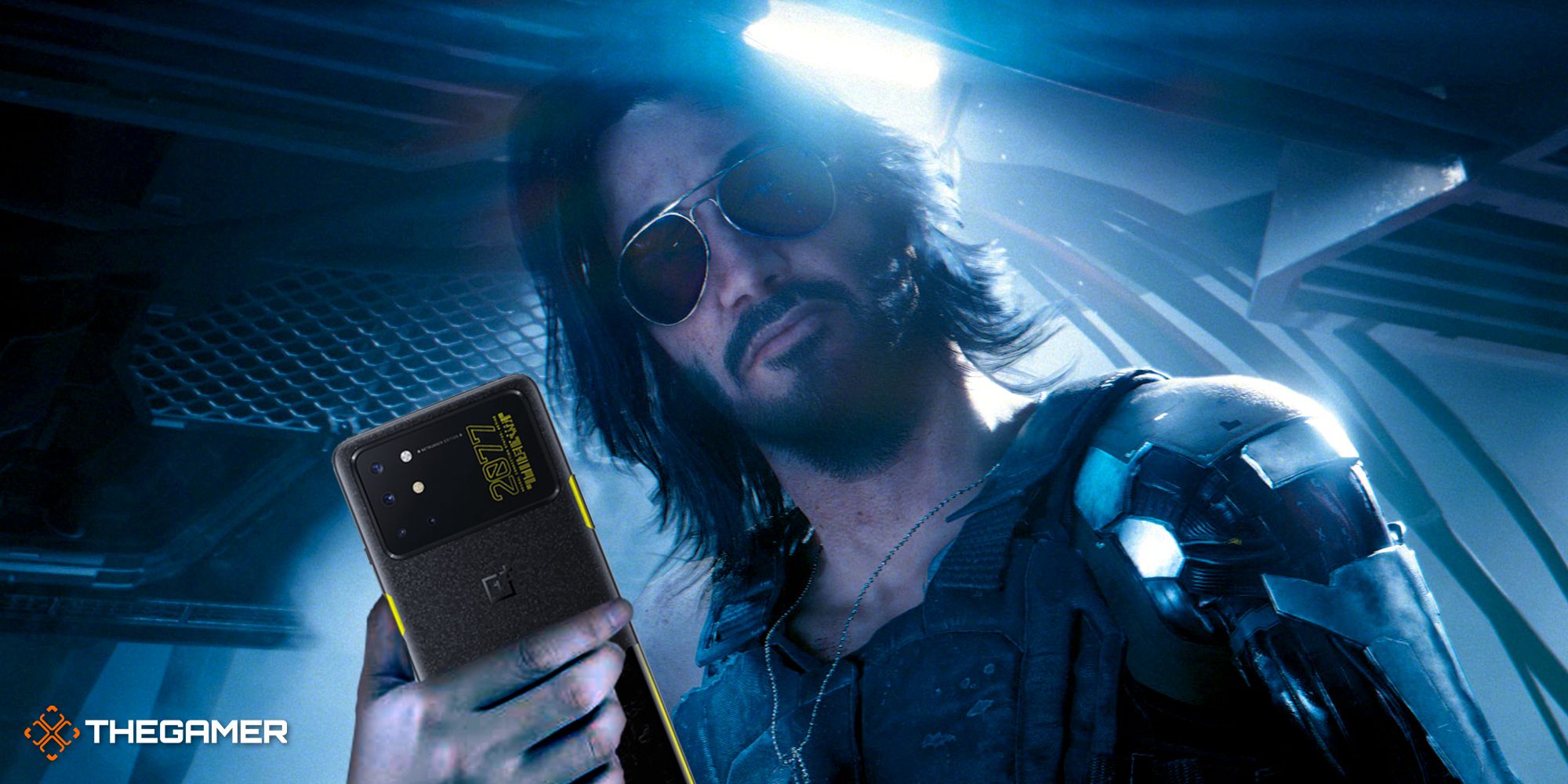 Johnny Silverhand from Cyberpunk 2077 holding a smartphone