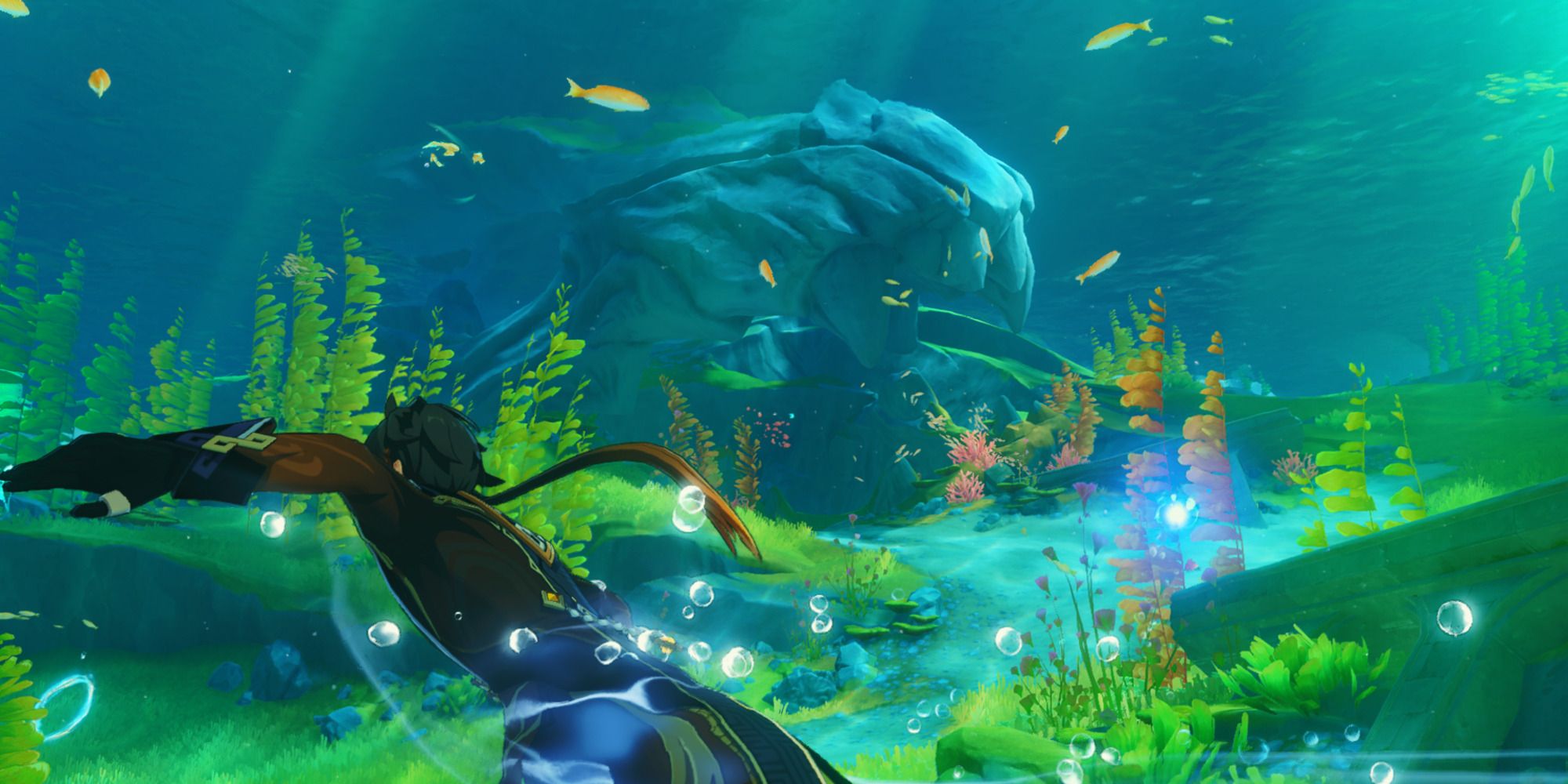 Zhongli swimming towards the Seaworn Cavern in Salacia Plain, Fontaine, in Genshin Impact.
