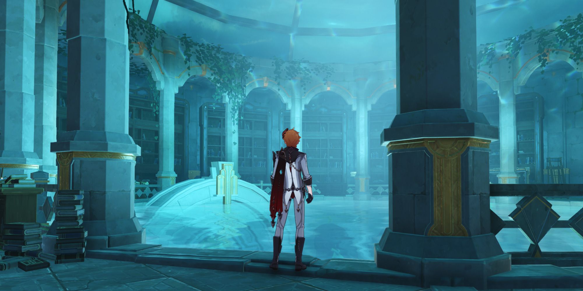 Childe in the library of the Institute of Natural Philosophy in Fontaine, in Genshin Impact.