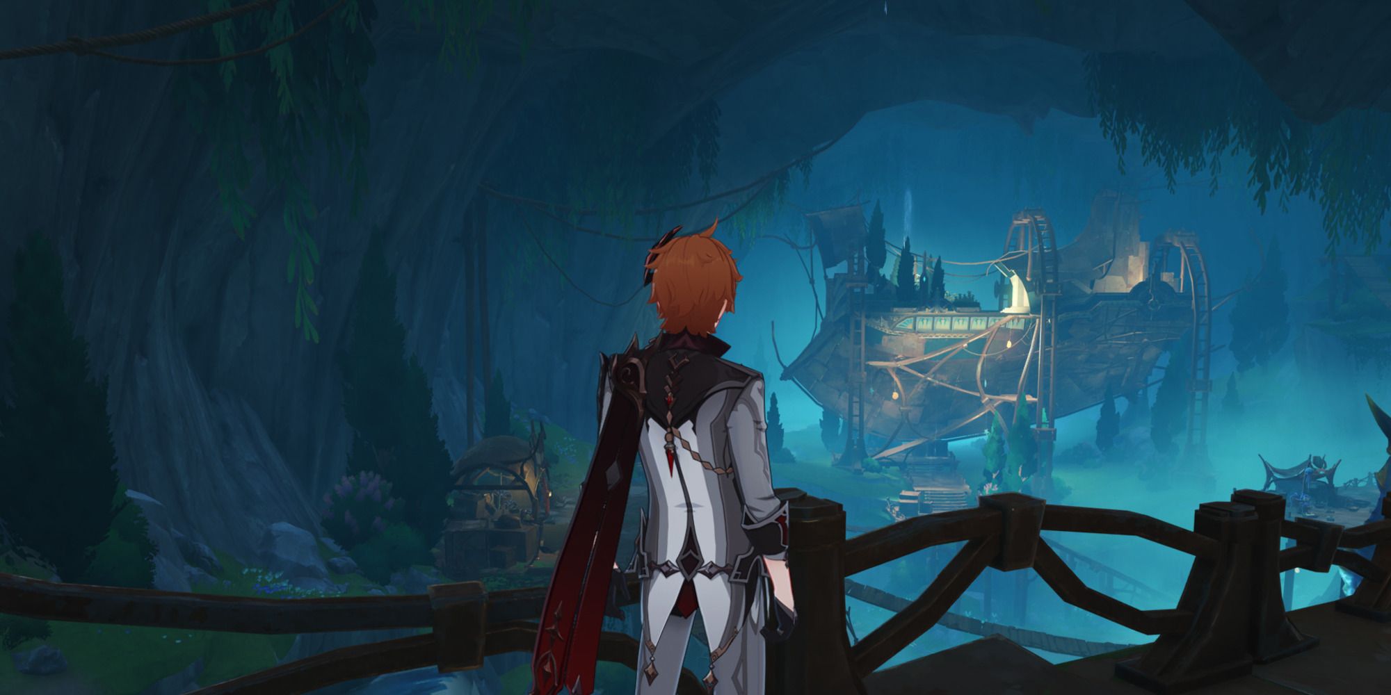 Childe overlooking Poisson in Fontaine, in Genshin Impact.
