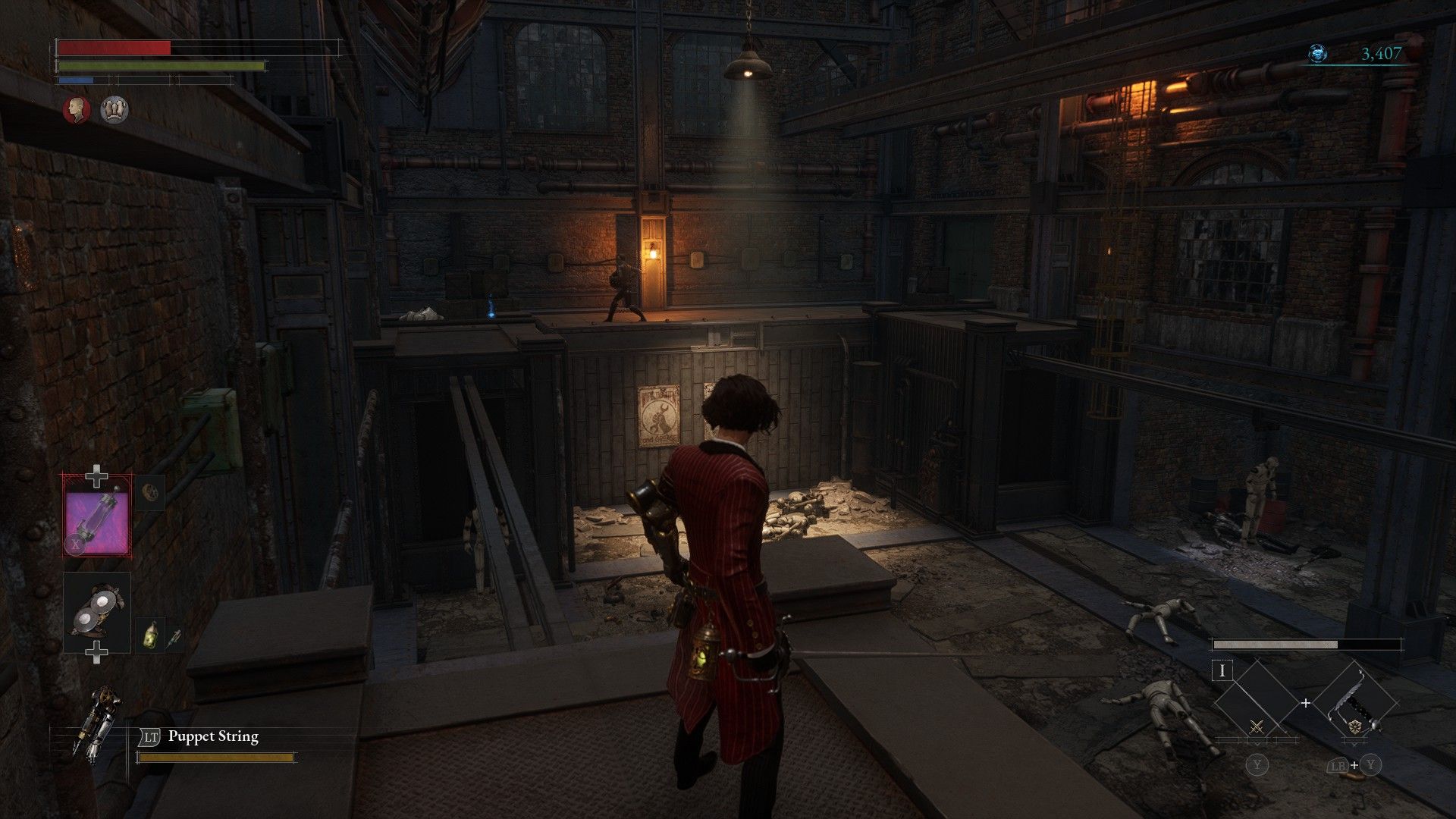 P Prepares To Walk Across Iron Beams To Reach Ergo In Union Entrance Warehouse In Lies of P