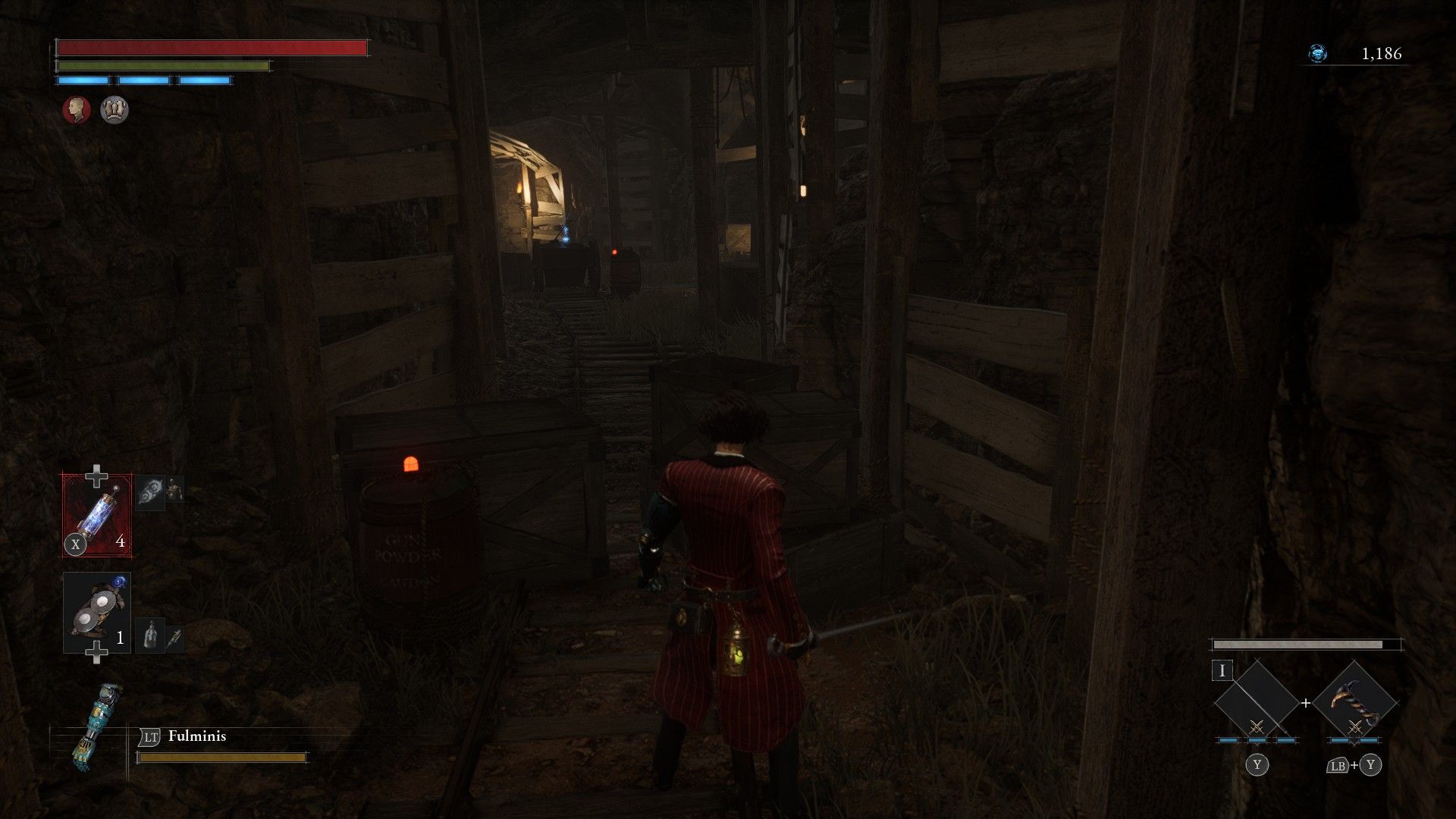 P Stands In Mining Tunnel Facing Explosive Barrel Moments Before Ambush In Lies of P