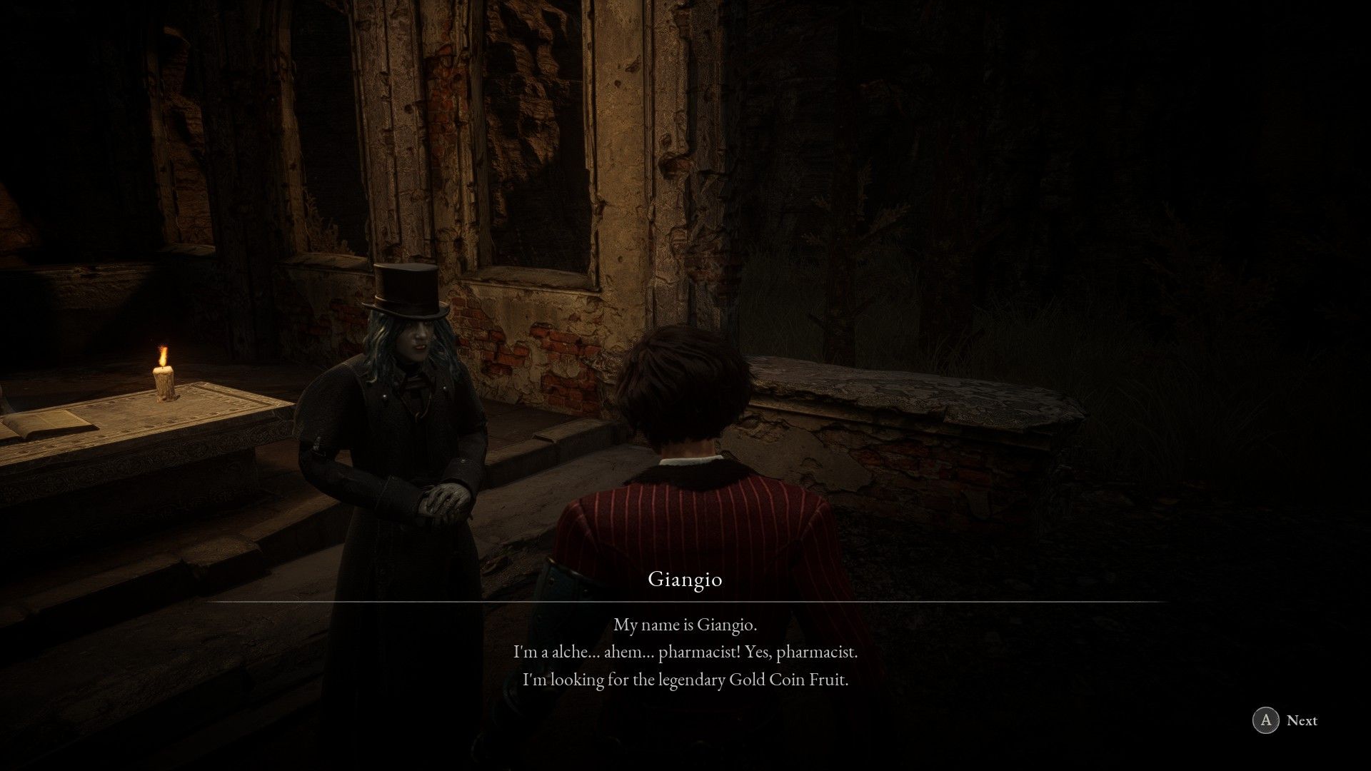 P speaks with Giangio about a disease cure and gold coin fruit in Lies of P
