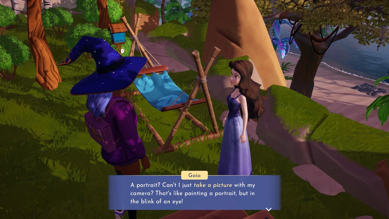 Player character speaking to Ursula as Vanessa and suggesting a photo in Disney Dreamlight Valley.
