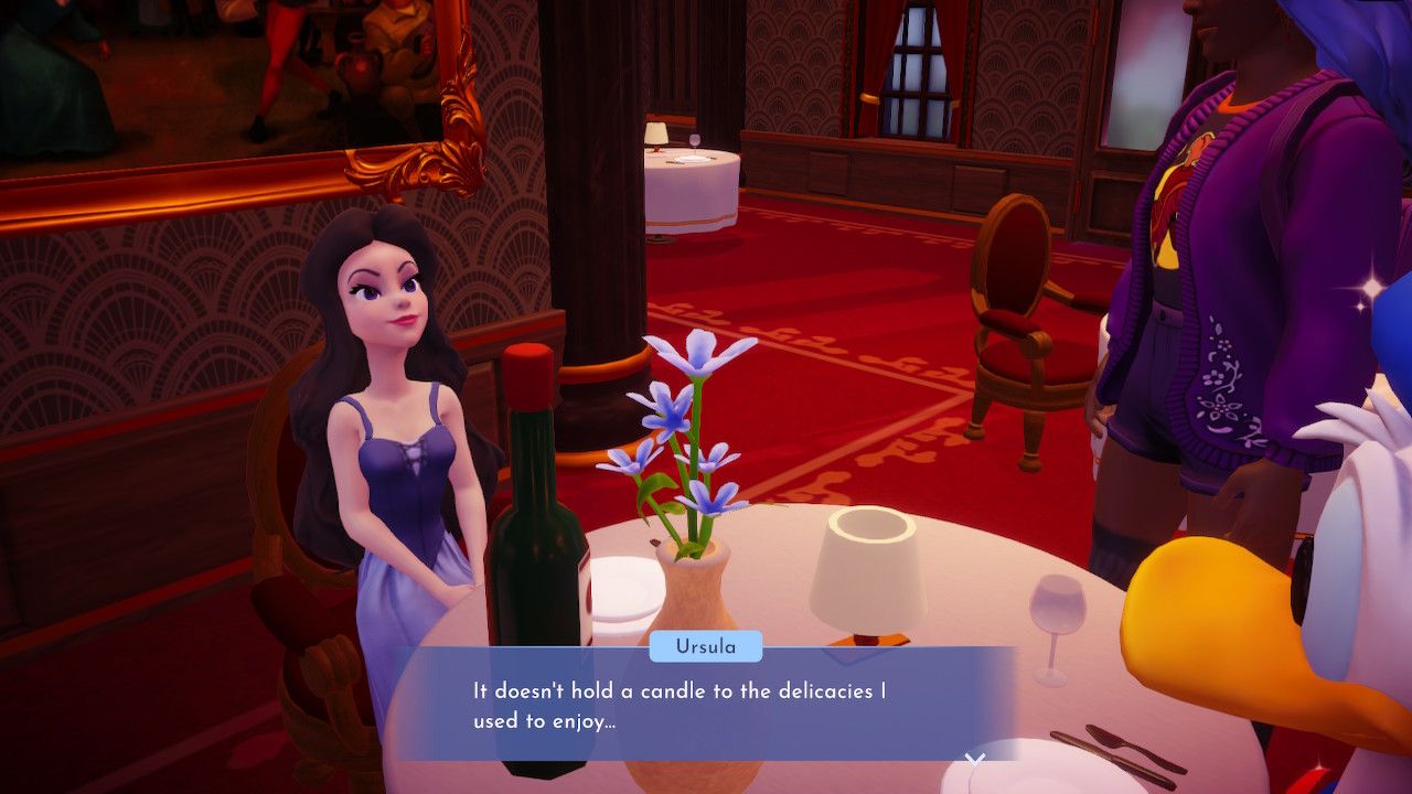 Player character serving Ursula as Vanessa a dish in Chez Remy in Disney Dreamlight Valley.