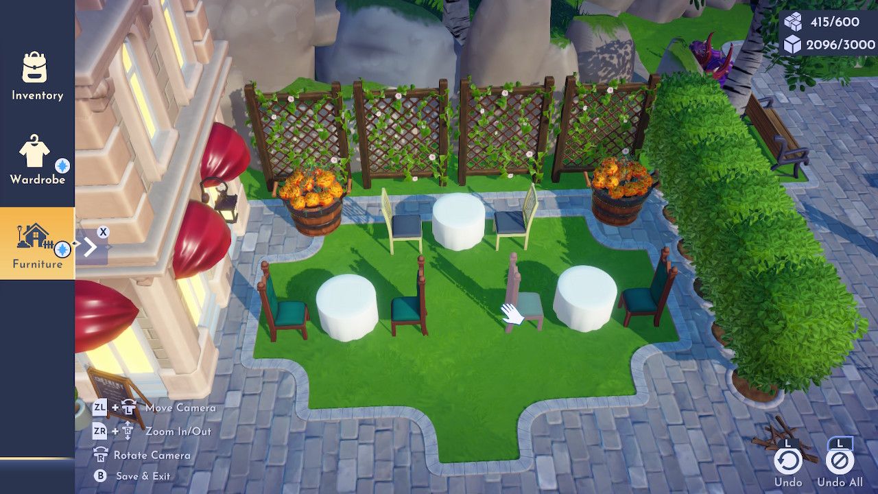 Player character in the Furniture design menu and showing off an example design of elegant style chairs and tables together in the Plaza in Disney Dreamlight Valley.