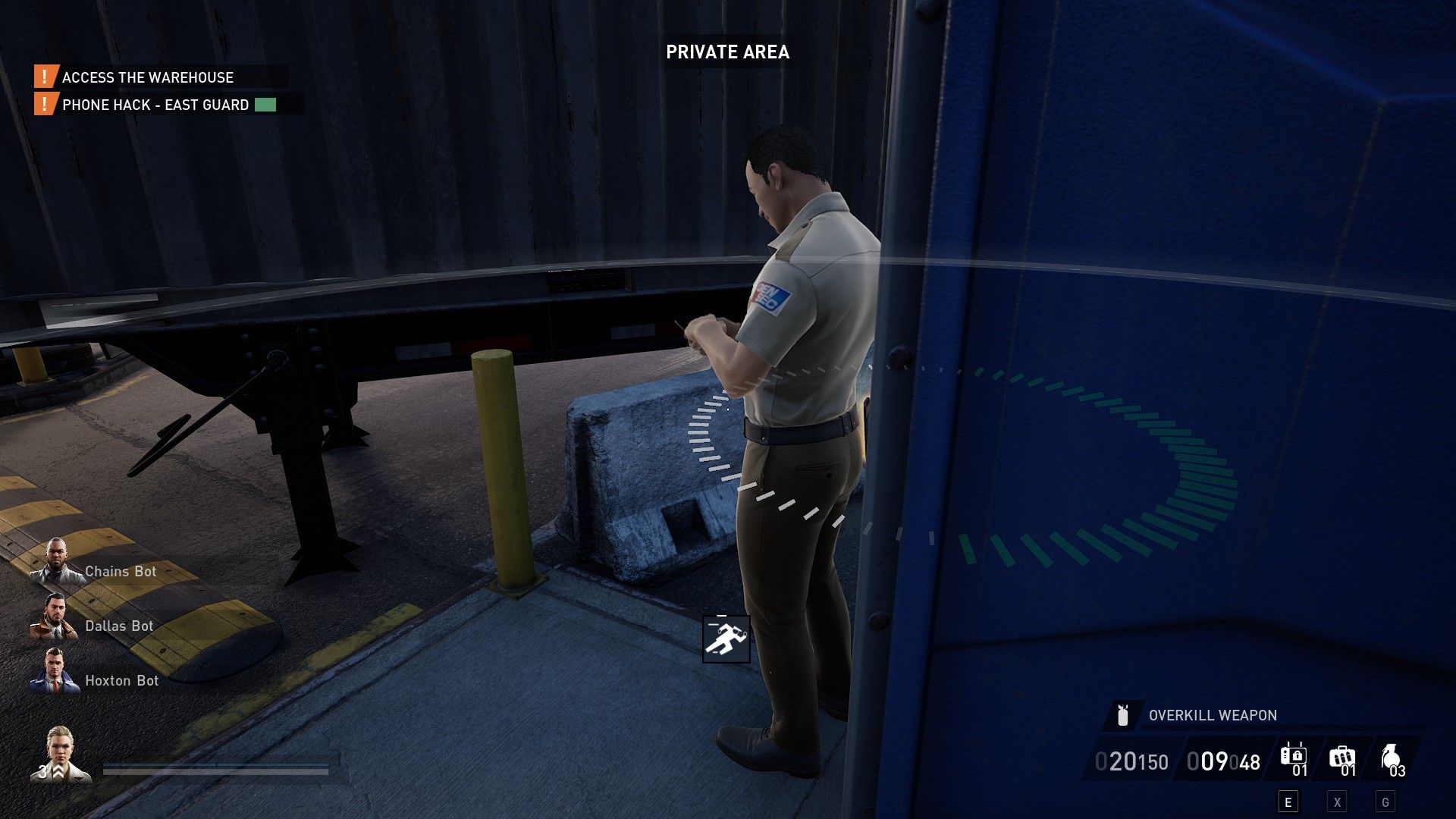 a guard plays with his phone in payday 3, unaware that he's being hacked