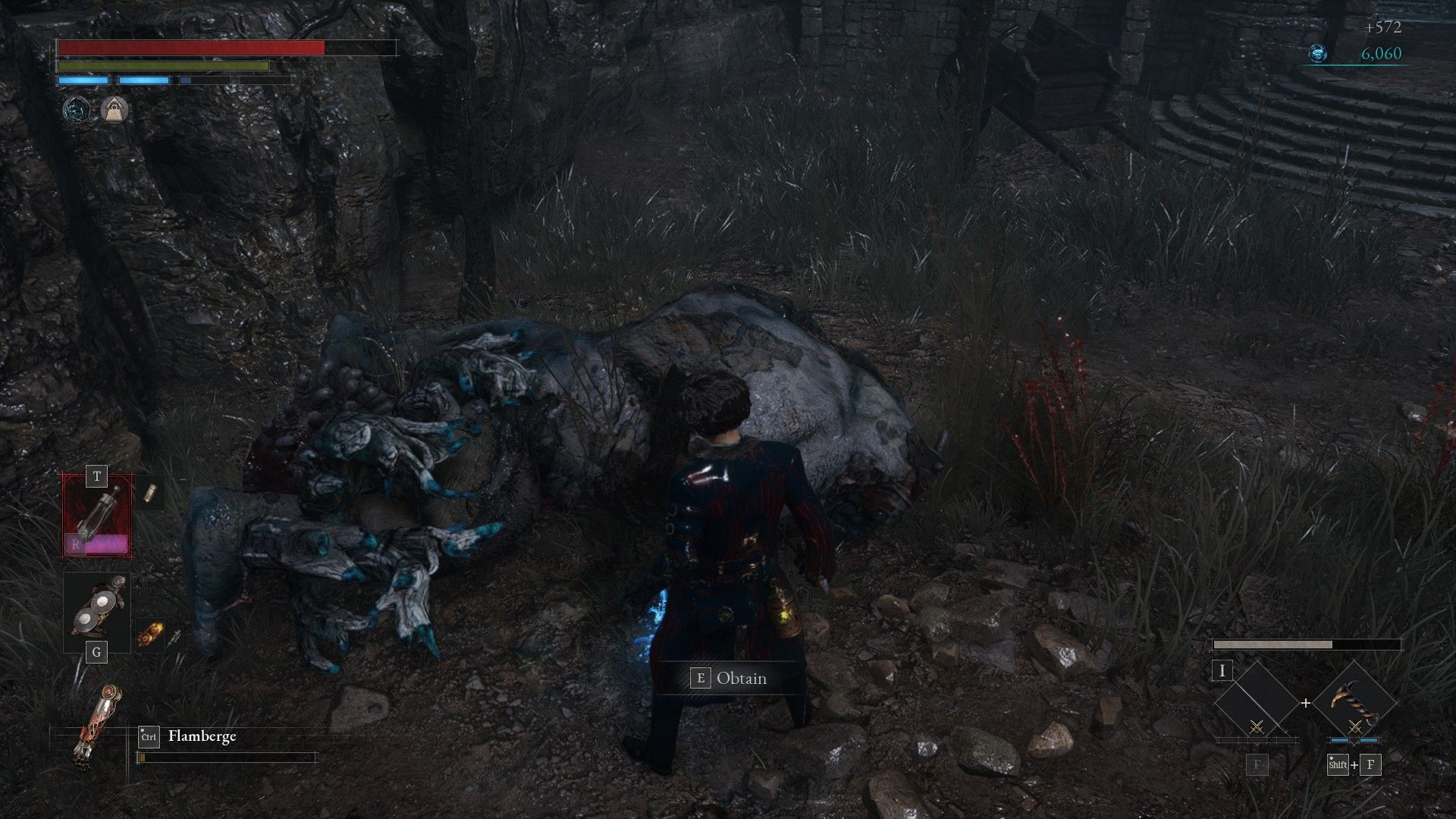 P picks up items from bull carcass miniboss after defeat in Lies of P
