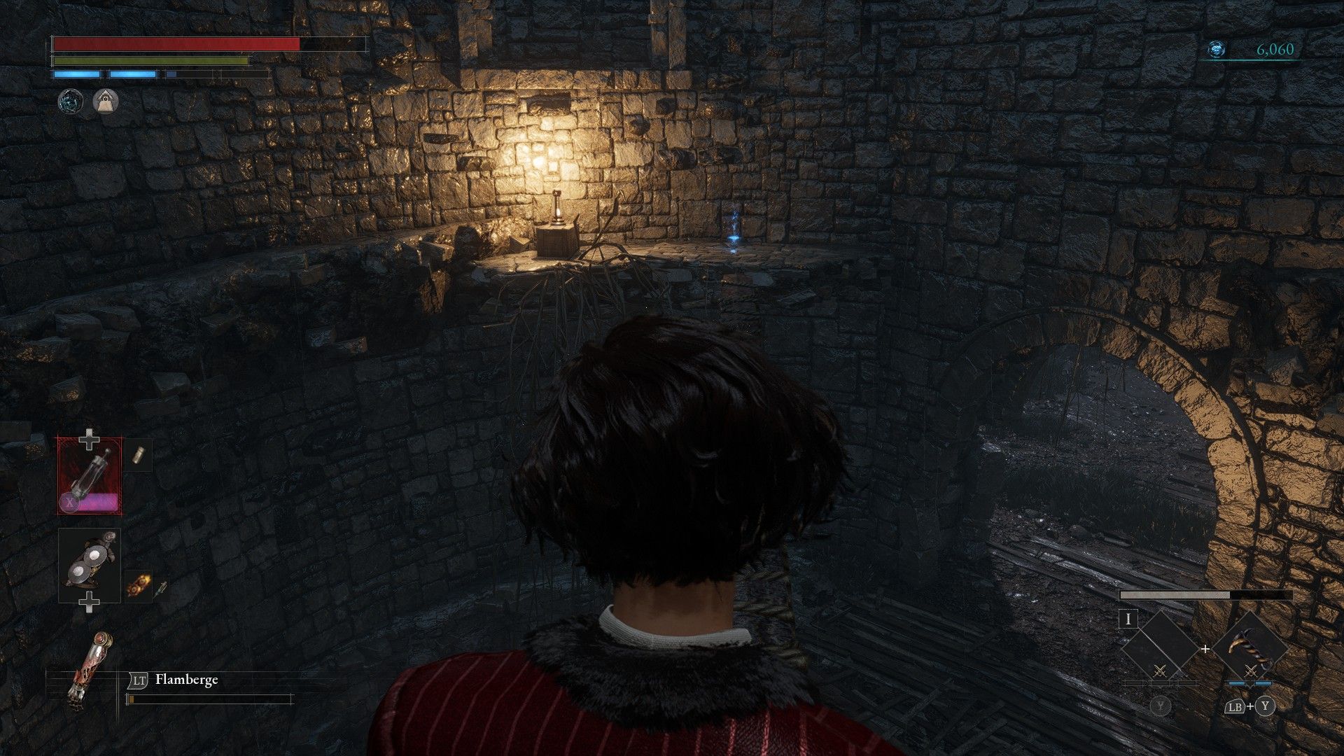 P looks at item across thin beam atop malum district tower in Lies of P
