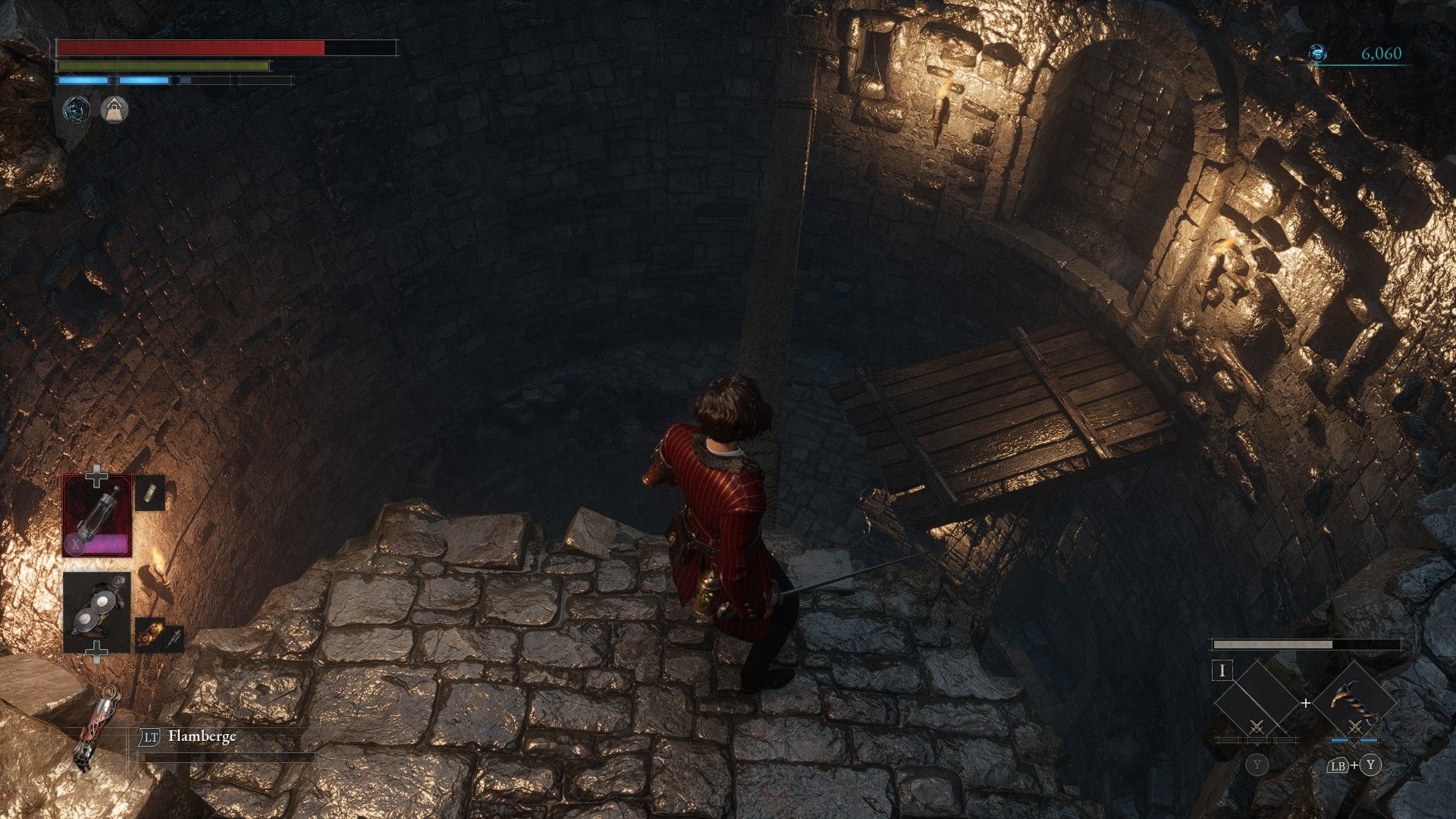 P prepares to jump down onto small beam in malum tower in Lies of P