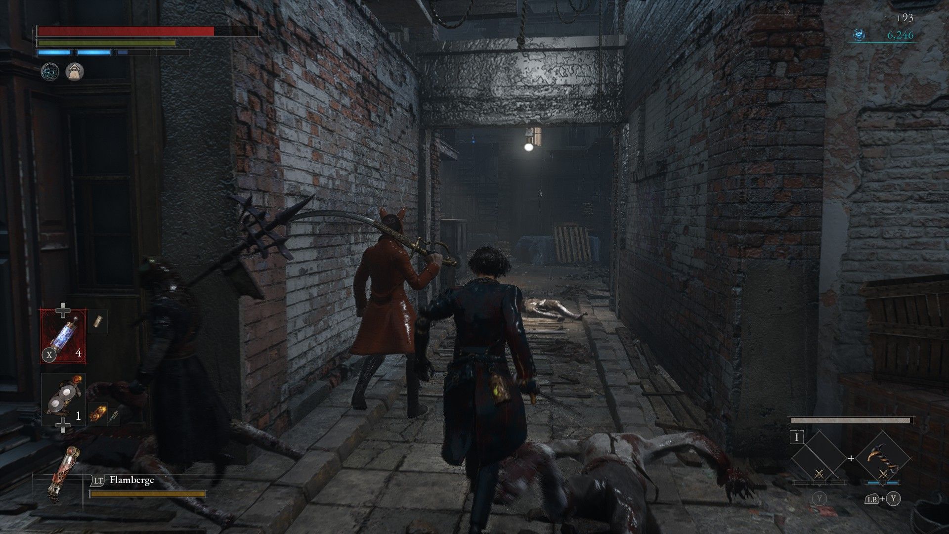 P runs alongside Fox and Cat in Malum District defeating enemies in Lies of P