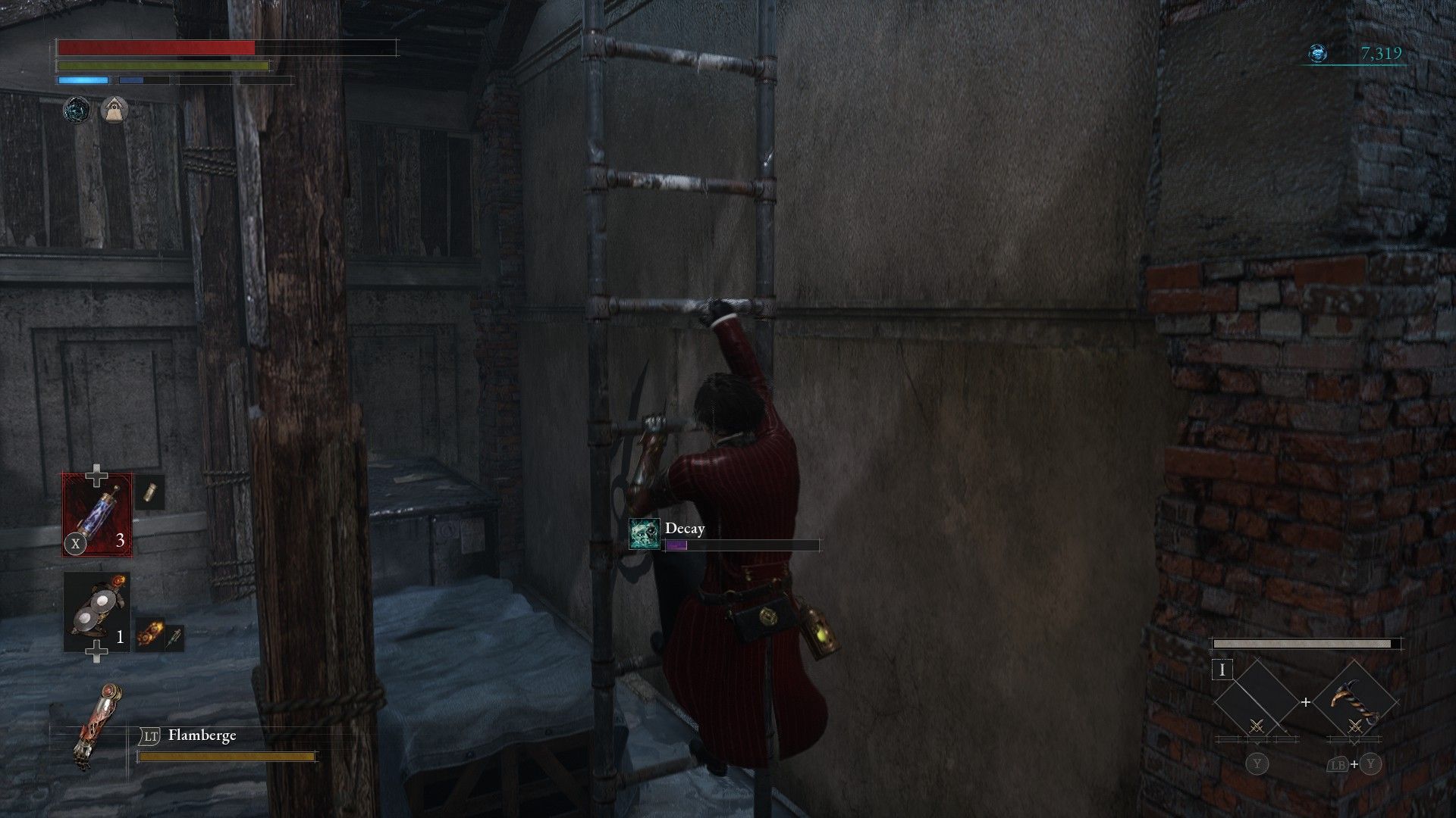 P Climbs ladder behind warehouse in malum district Lies of P