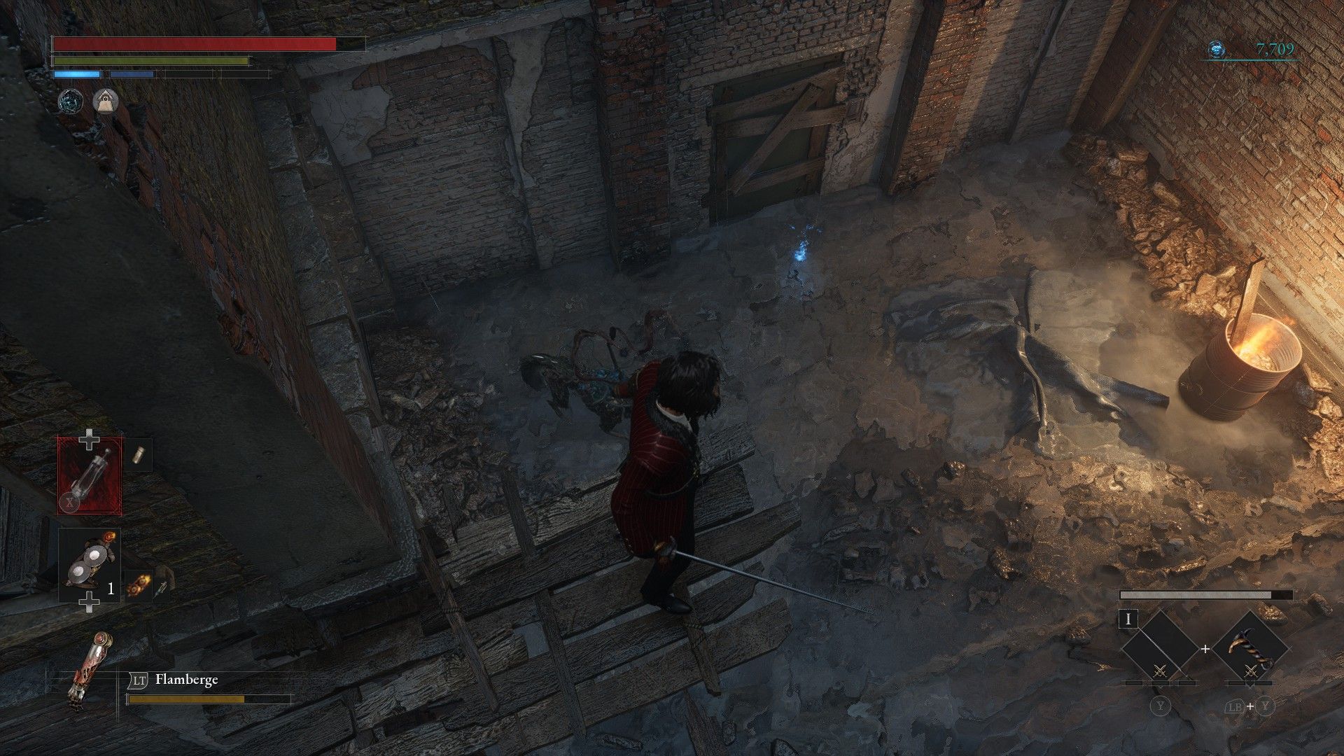 P prepares to jump on top of dog carcass below in Lies of P