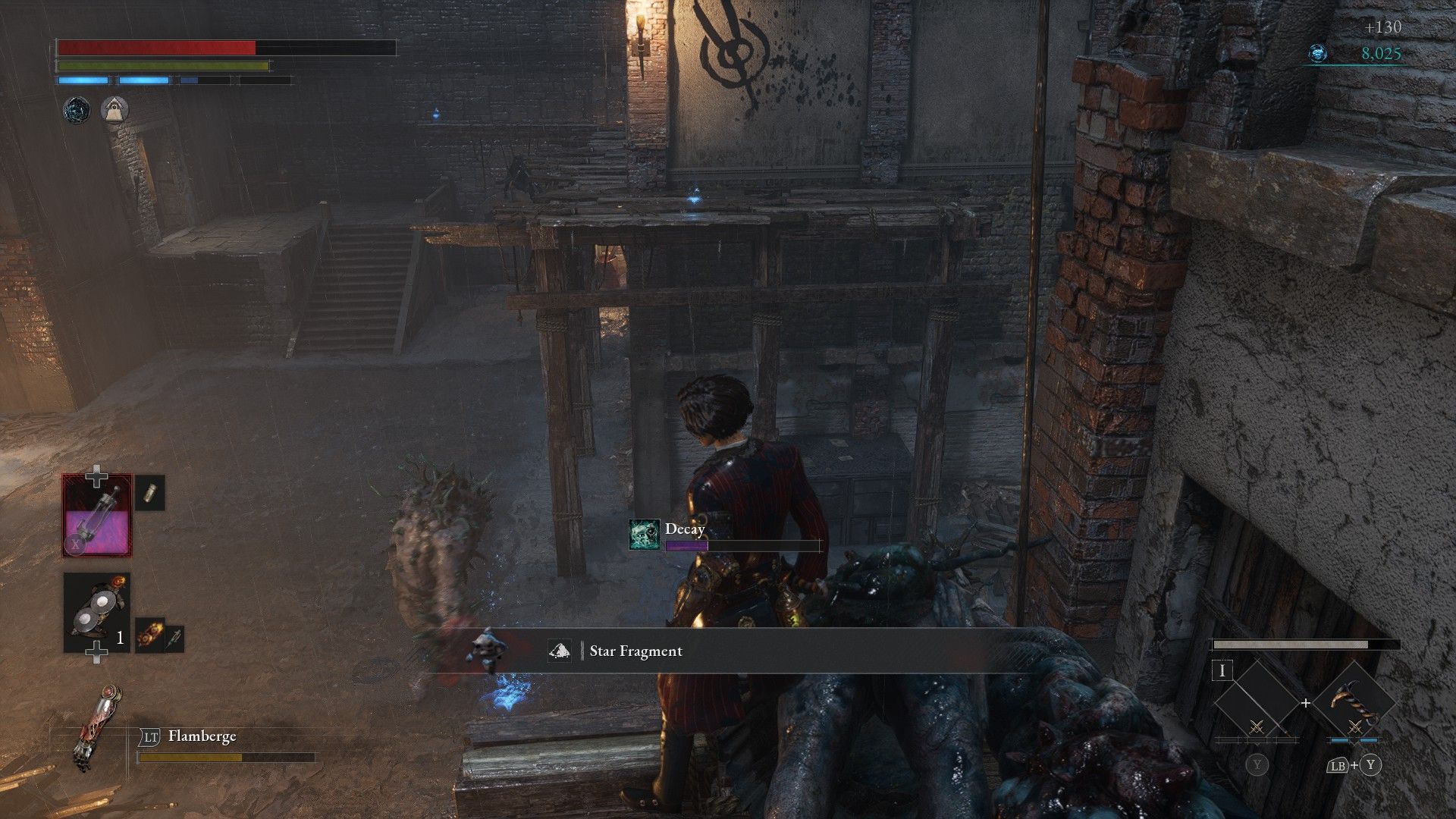 P Picks up a Star Fragment guarded by defeated gunk carcass in Lies of P