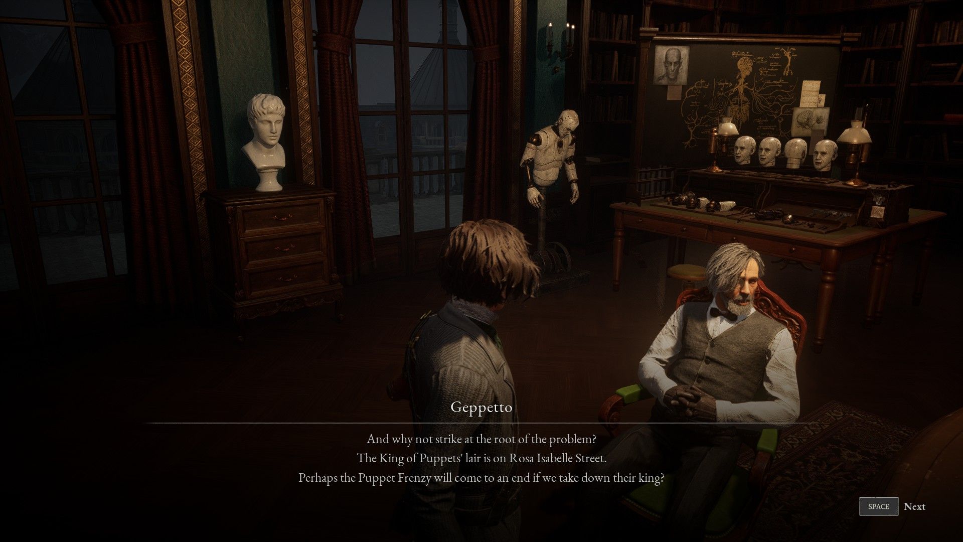 Geppetto Tells P To Go to Rosa Isabelle Street and defeat the Master of Puppets in Lies of P