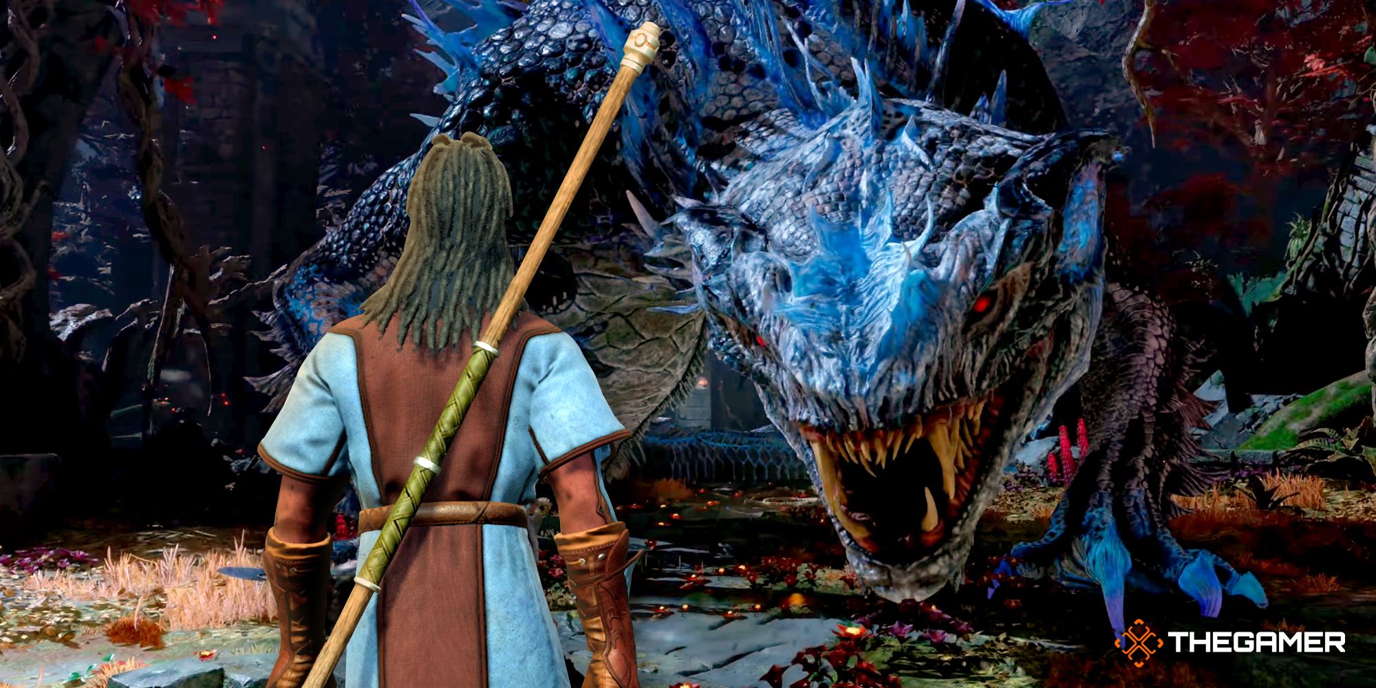 A Baldur's Gate 3 player character facing down a monster from God of War Ragnarok