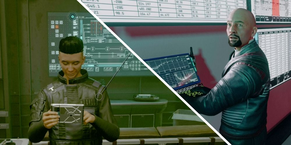 screenshots of Nyx and Dalton looking at data from Starfield