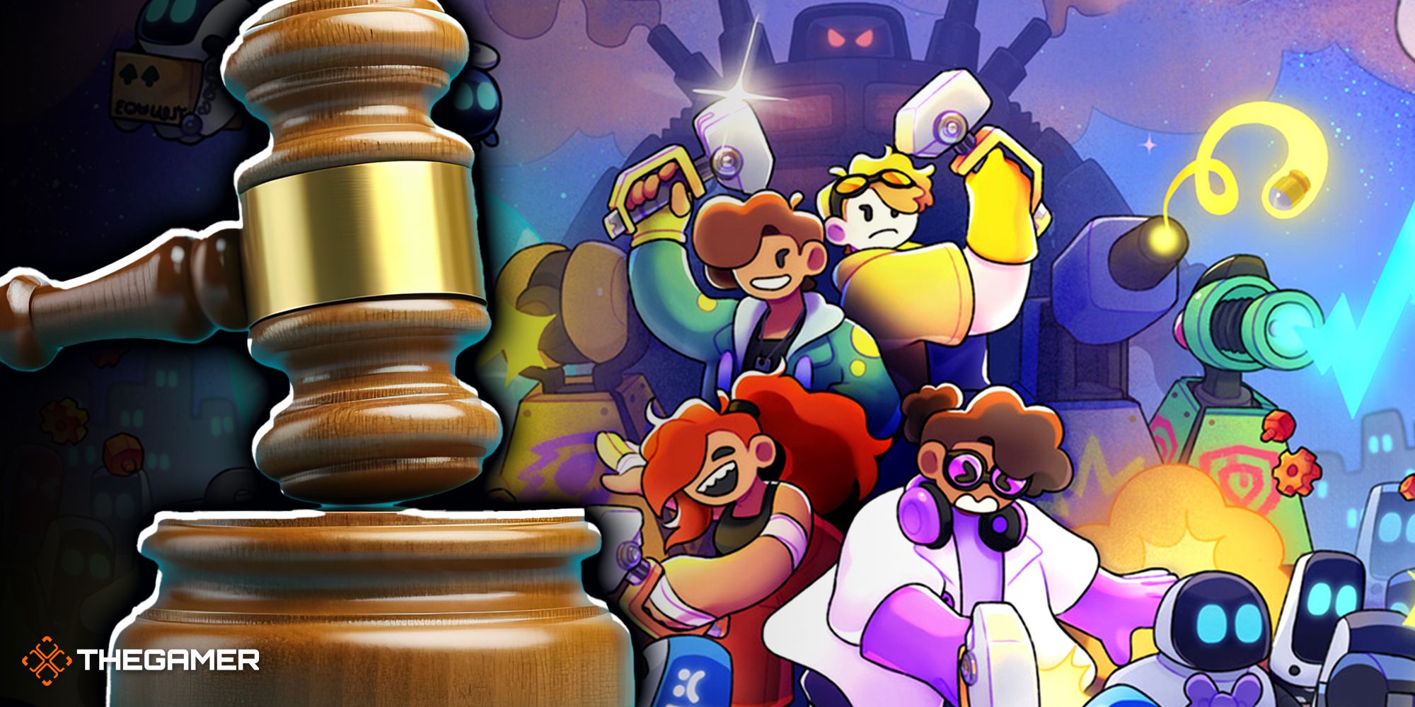 Bish Bash Bots characters with a hammer and gavel next to them