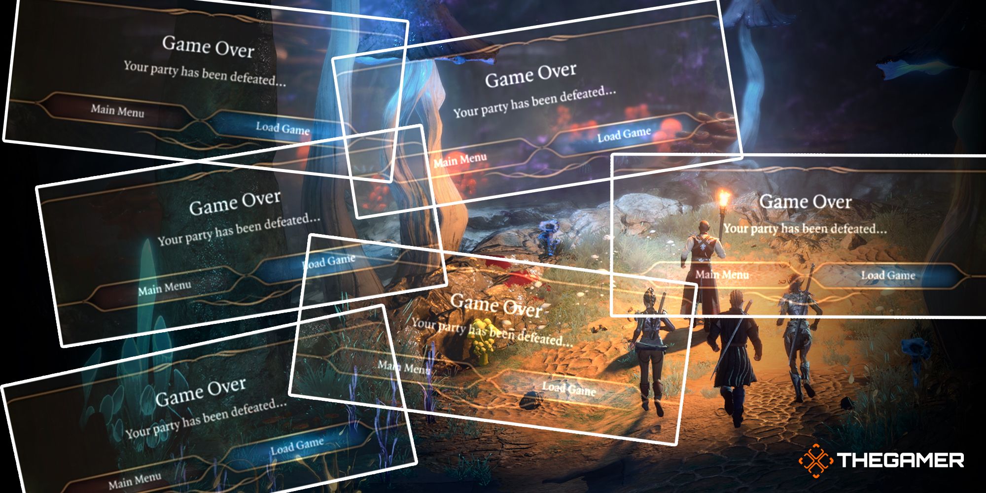 Baldur's Gate 3 party venturing forth with a bunch of Game Over pop ups overlaid on the screen
