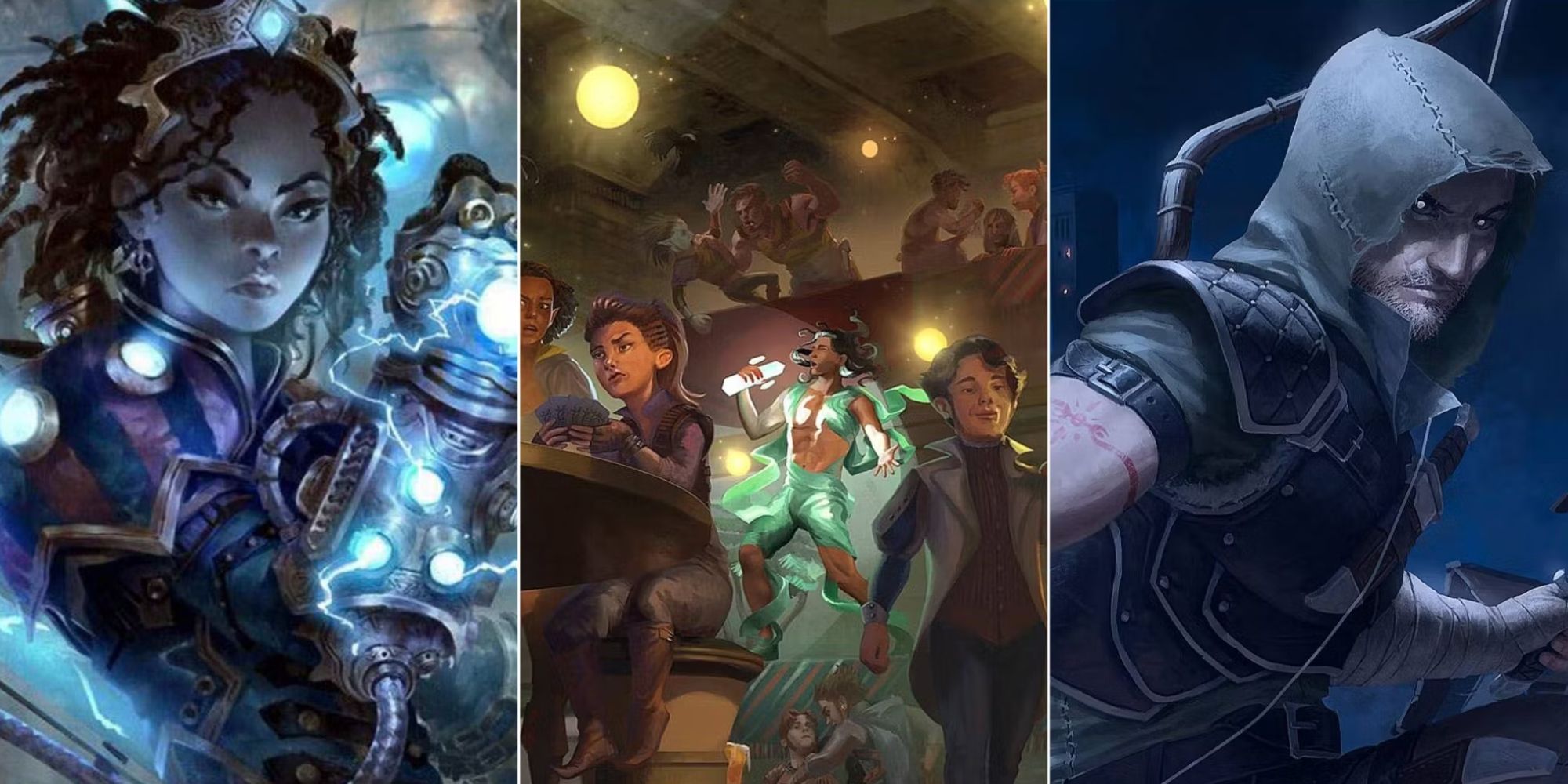 A collage of Dungeons & Dragons images including an artificer, a fight at a tavern and a rogue